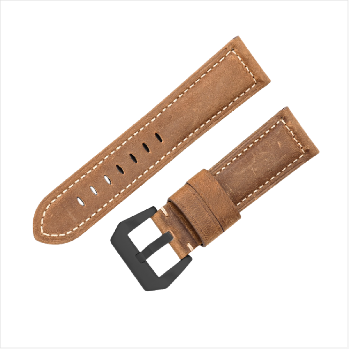 Cinturini in pelle marrone con cuciture bianche e fibbia in metallo nero.
