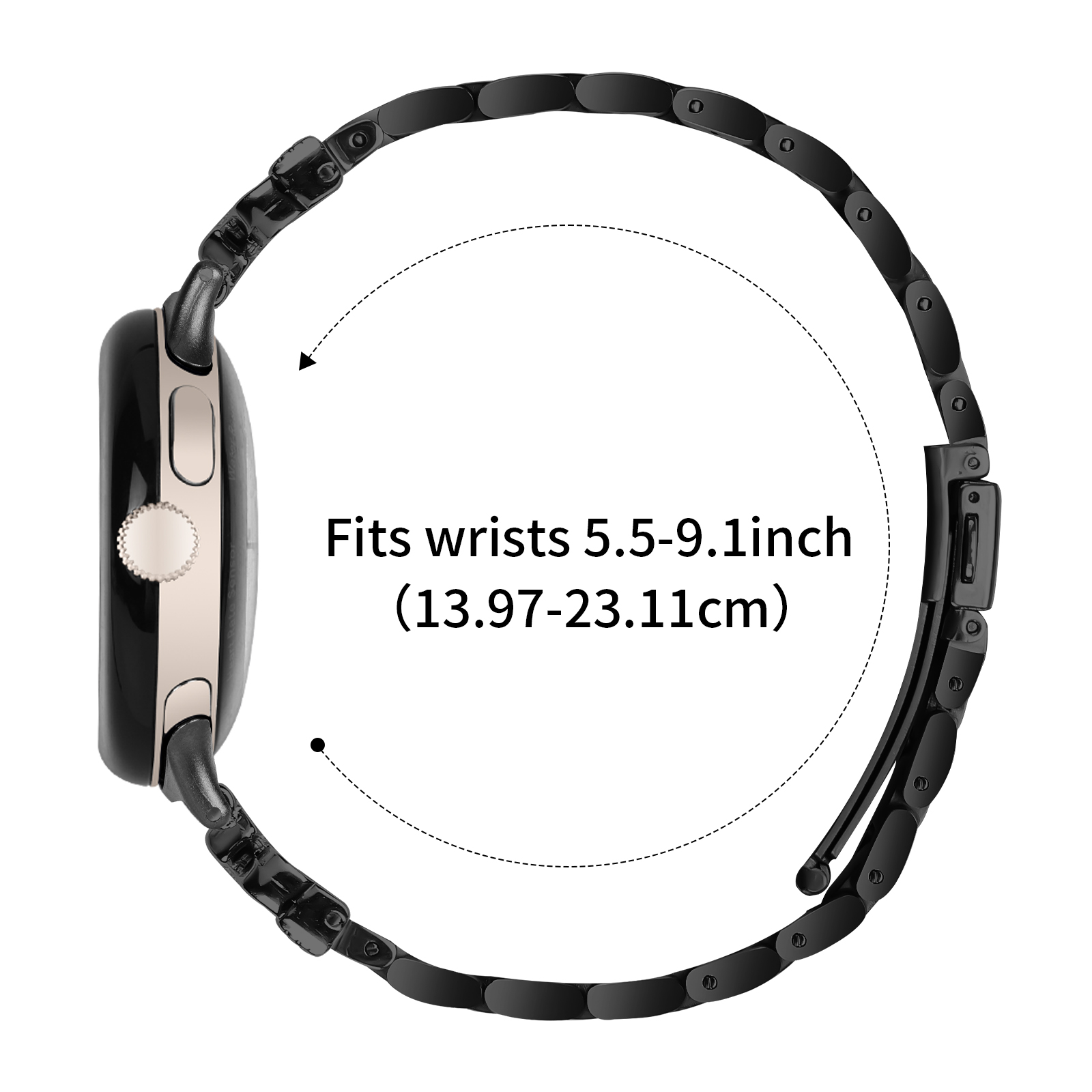 Cinturino Apple Watch nero e oro, con testo che indica la misura del polso.