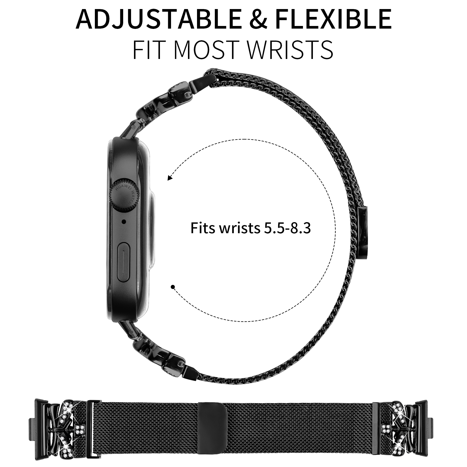Cinturino nero per Apple Watch, con diamanti, staccato dall'orologio. Testo: polsi 5.5-8.3.
