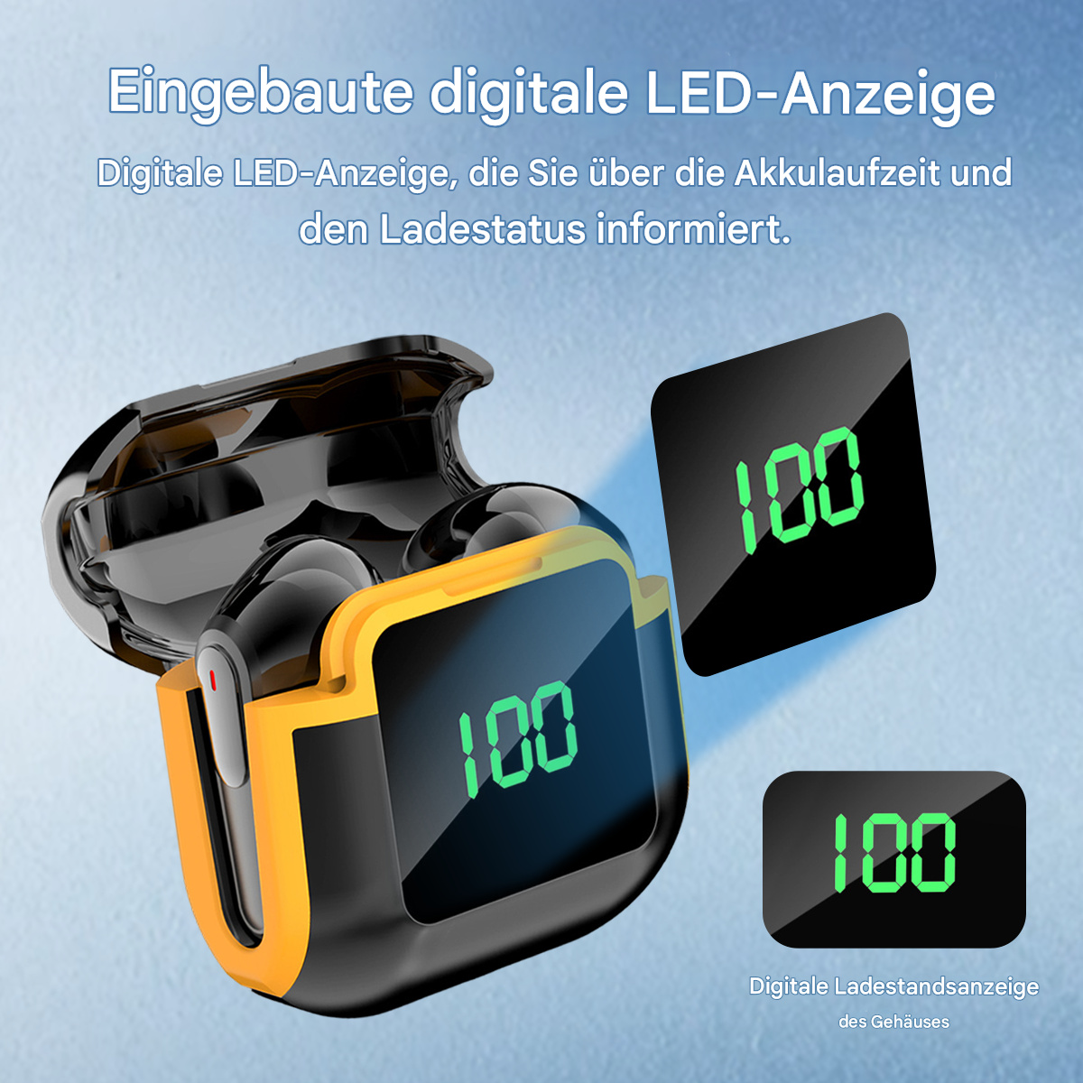 Ohrhörer-Ladecase mit digitaler LED-Anzeige, die 100 % anzeigt.