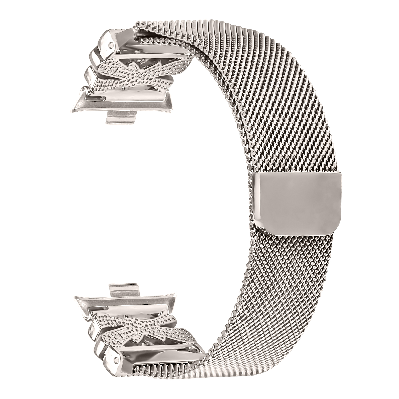 Cinturino per orologio in acciaio inossidabile argentato con maglia metallica intrecciata. Ha chiusure per il fissaggio.