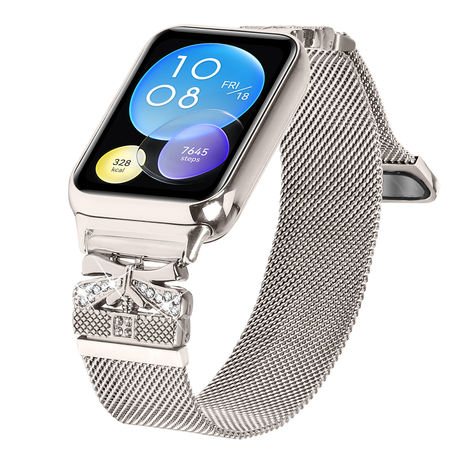 Smartwatch argentato con display digitale che mostra ora e dati fitness. Cinturino in maglia argentata.