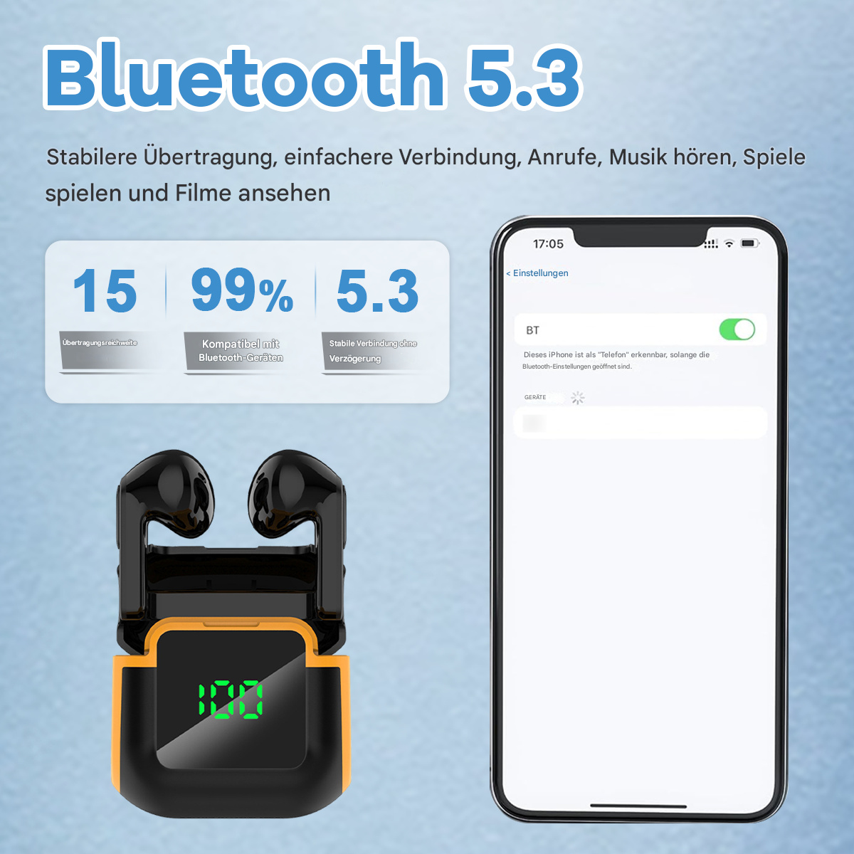 Ohrhörer und Ladecase mit Telefon, das Einstellungen und Bluetooth-Verbindung zeigt. Text: Bluetooth 5.3.