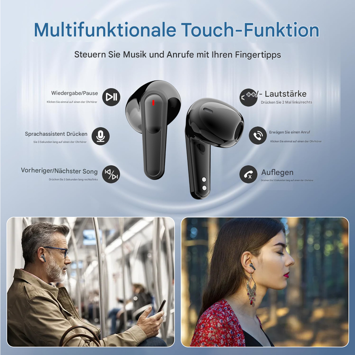 Schwarze Ohrhörer mit Touch-Steuerungsfunktionen. Benutzer in der U-Bahn und Frau draußen nutzen sie.