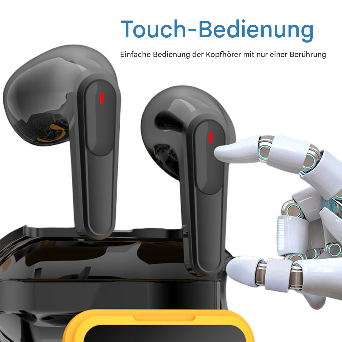 Schwarze Ohrhörer mit Ladecase. Ein Roboterarm berührt einen Ohrhörer. Gelber Boden.