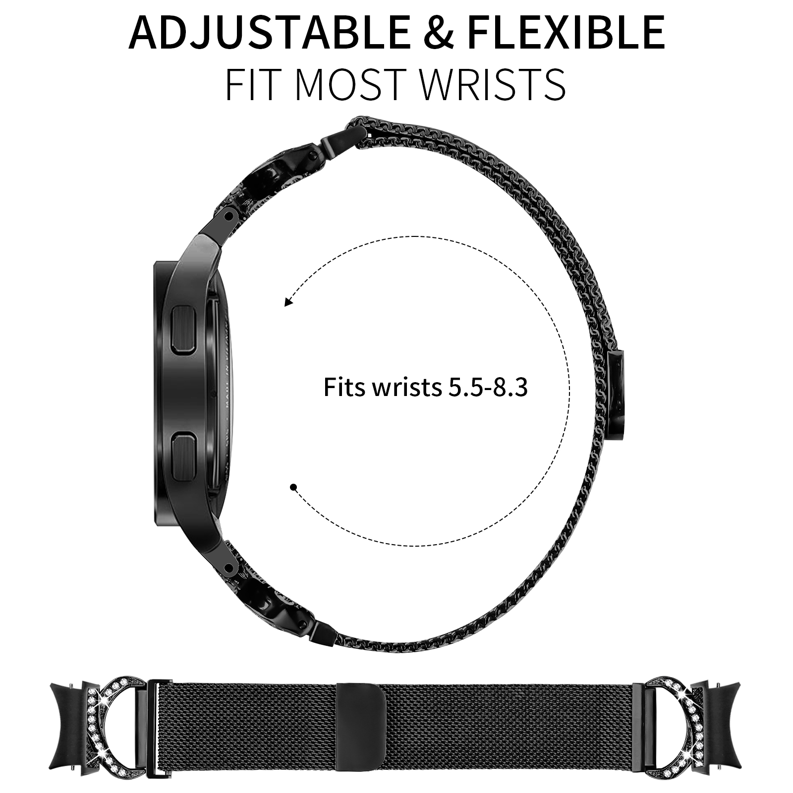 Schwarzes Uhrenarmband mit Verschluss, zeigt Verstellbarkeit und Passform für Handgelenke 5,5-8,3 Zoll.