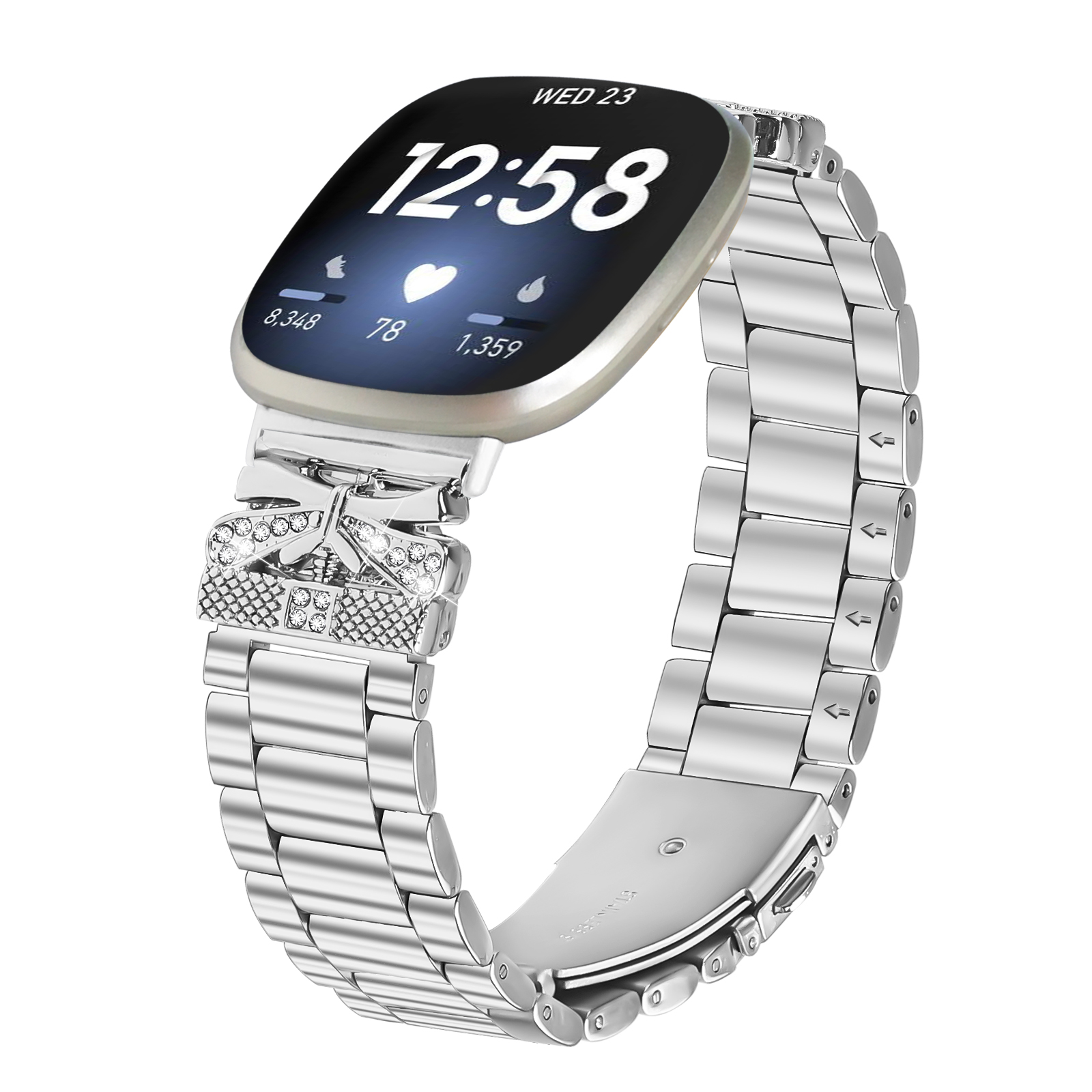 Silberne Smartwatch mit silbernem Armband, weißer Hintergrund.