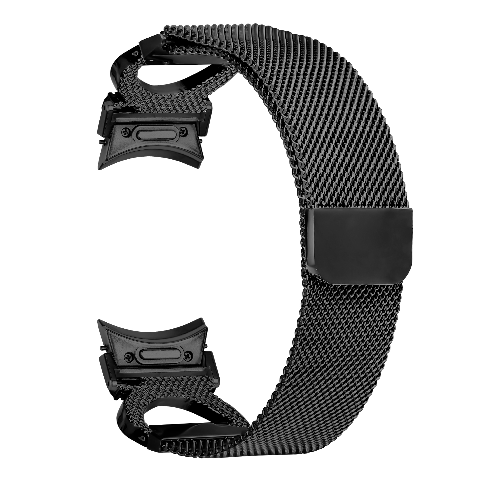 Schwarzes Uhrenarmband aus Mesh-Material mit Anschlüssen an jedem Ende.