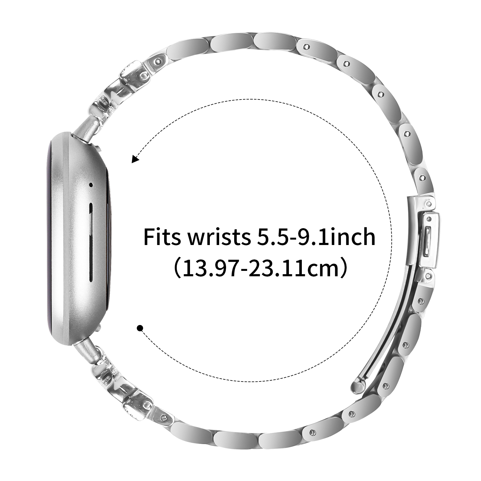 Silberne Uhr und Armband. Das Armband besteht aus Metall. Text zeigt an, dass das Band für Handgelenke 5,5-9,1 Zoll passt.