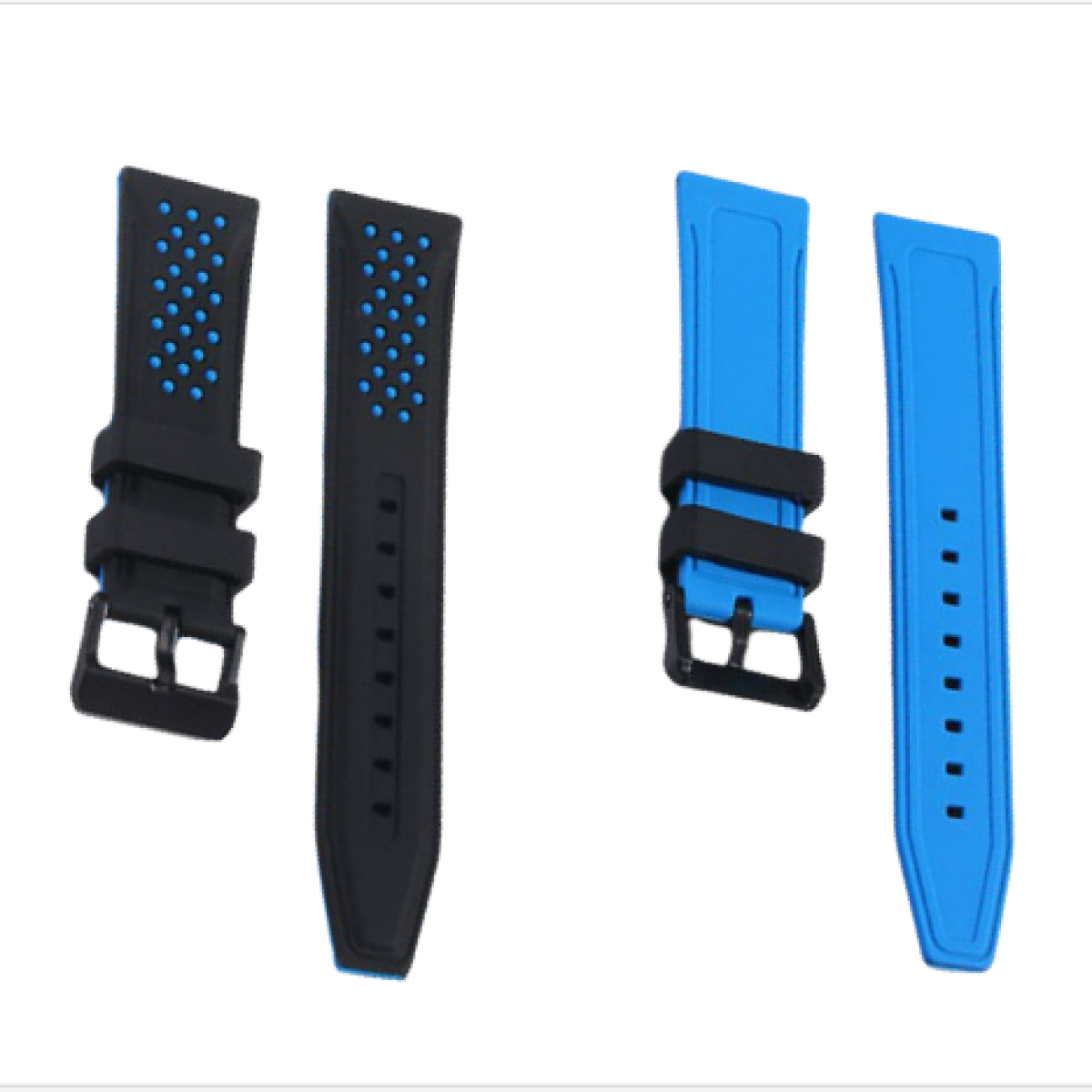Due cinturini per orologio: uno nero con inserti blu e uno blu con inserti neri, con fibbie.