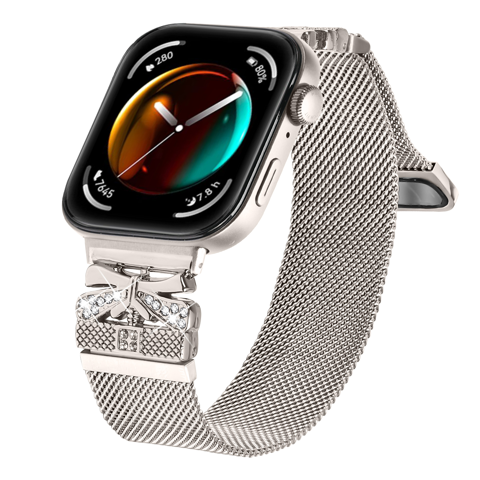 Silberne Smartwatch mit silbernem Mesh-Armband. Anzeige zeigt Zeit und Akkuladung.