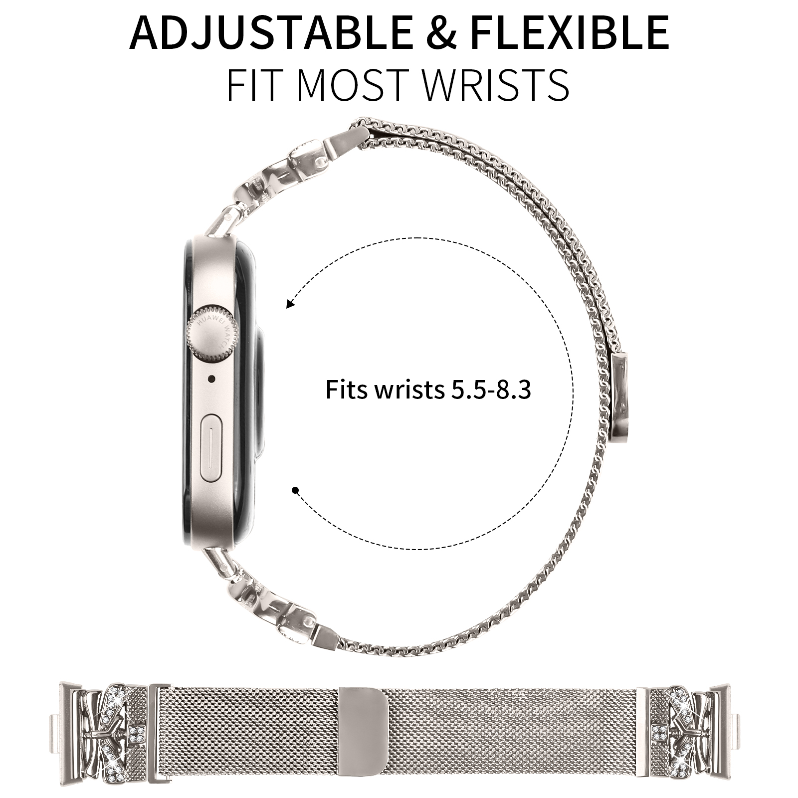 Silbernes Uhrenarmband mit einer Uhr. Das Armband ist verstellbar. Weißer Hintergrund.