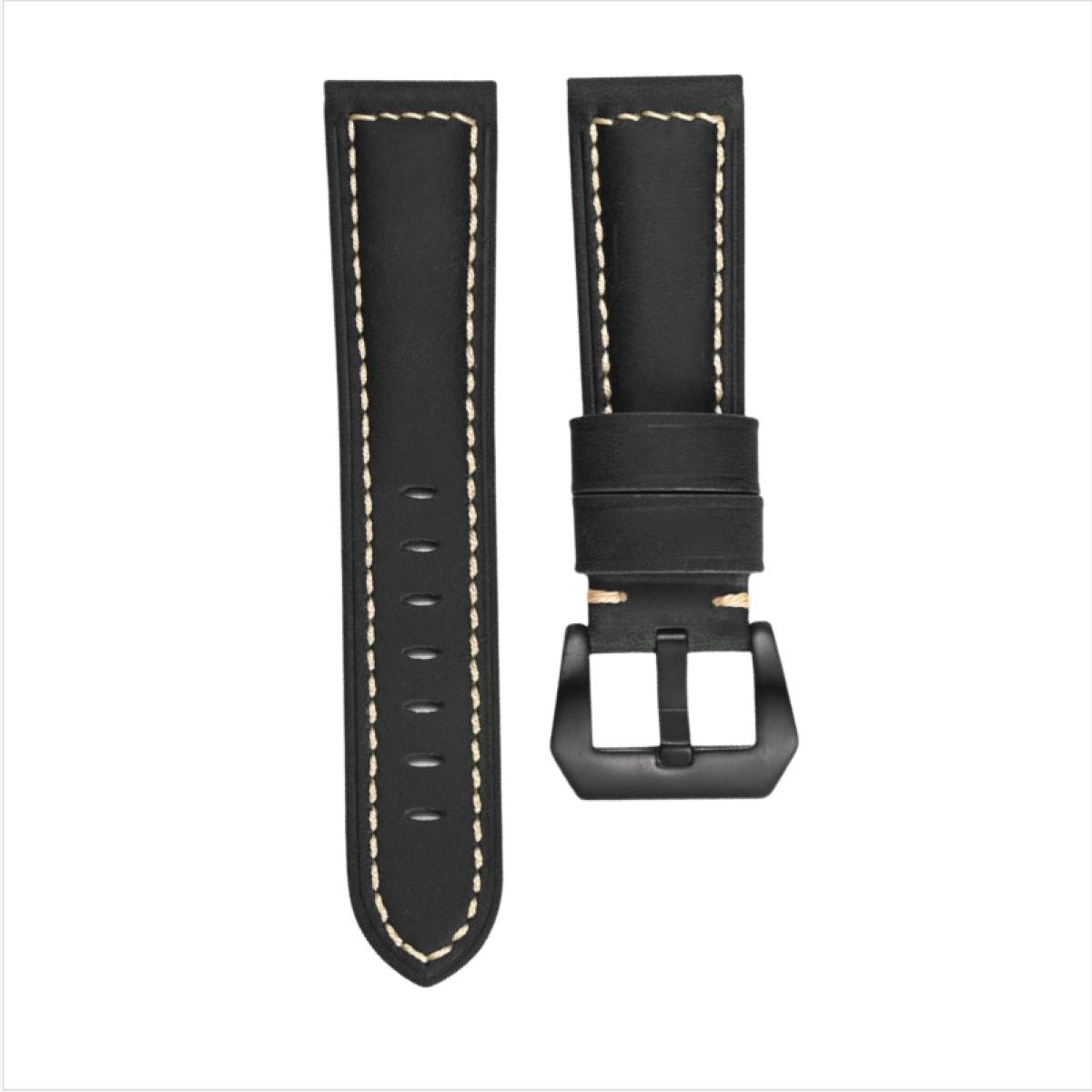 Schwarze Leder-Uhrenarmbänder mit weißen Nähten und einer schwarzen Schnalle.