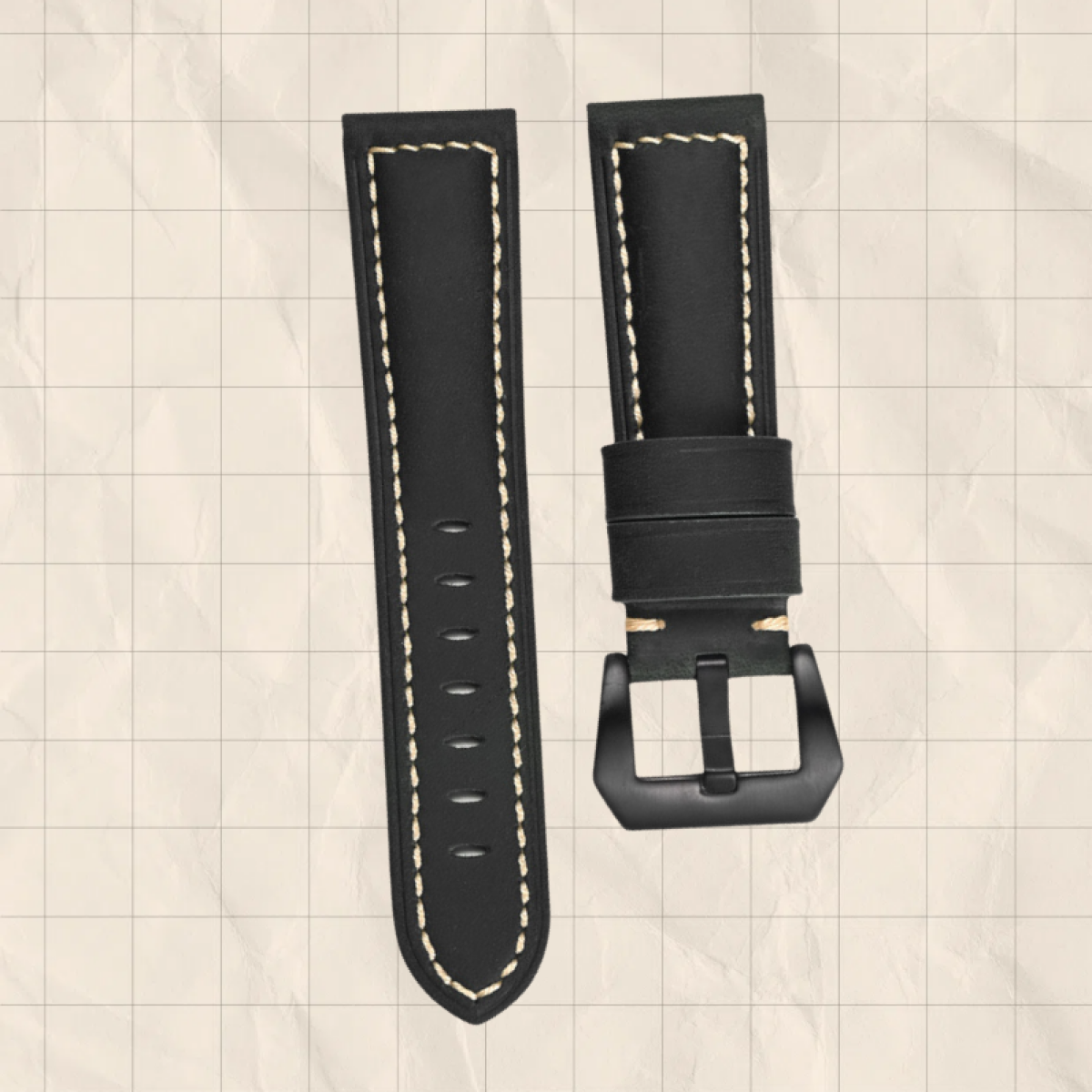 Schwarze Leder-Armbänder mit weißen Nähten. Schnallen- und Banddetails sichtbar.