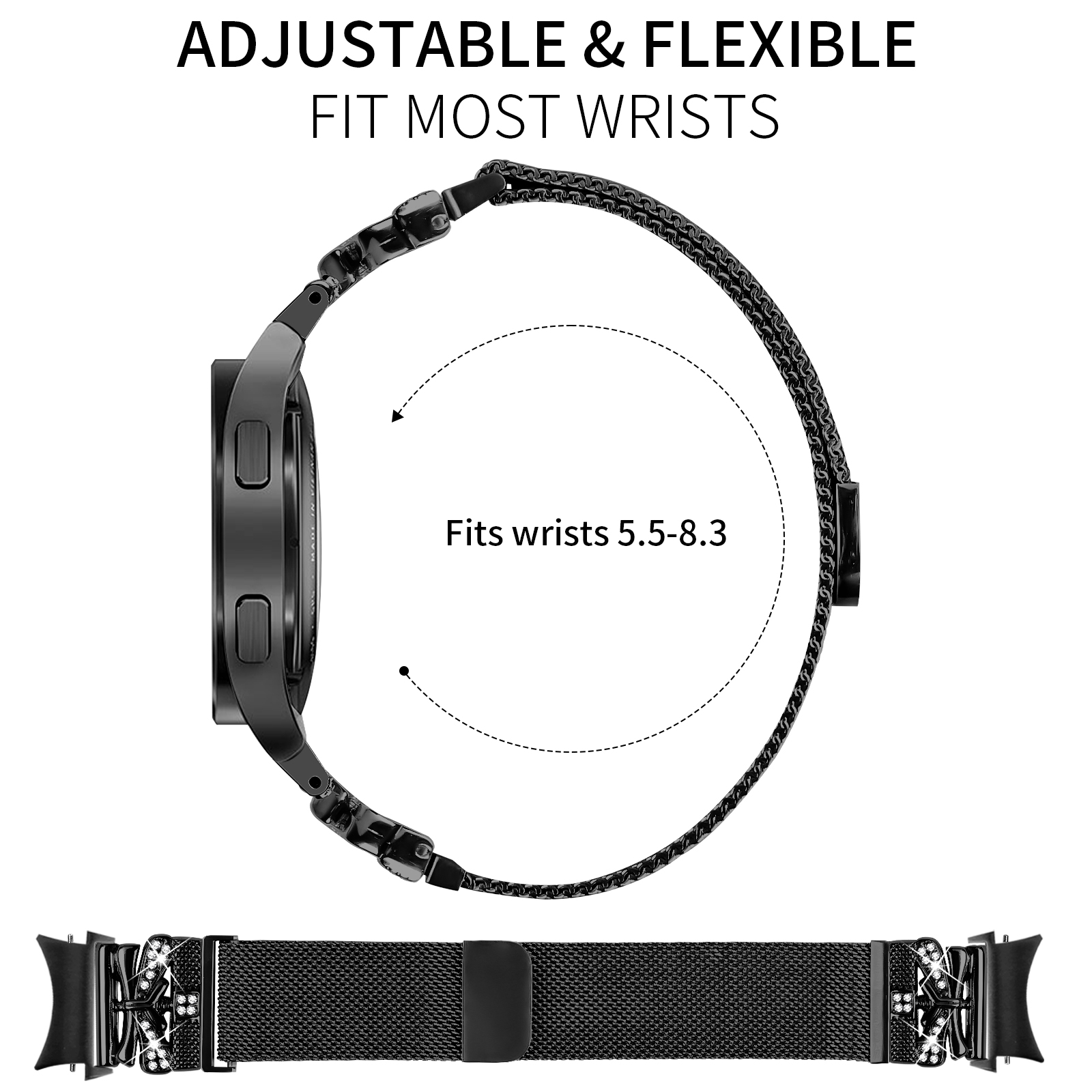 Orologio nero con cinturino a rete, vista laterale, testo: regolabile, flessibile.