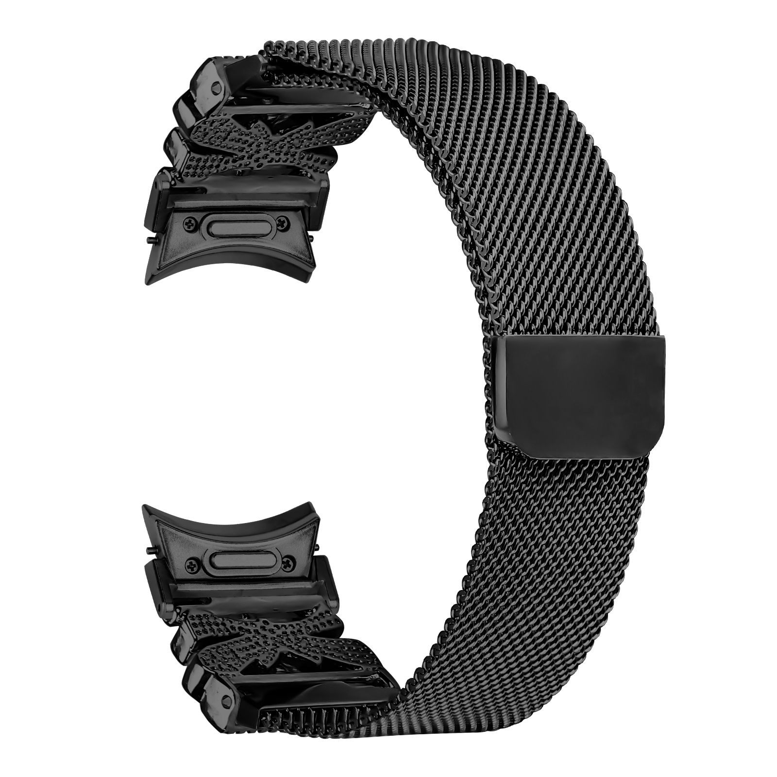 Cinturino nero per orologio in rete metallica con chiusura magnetica. Il cinturino è su sfondo bianco.
