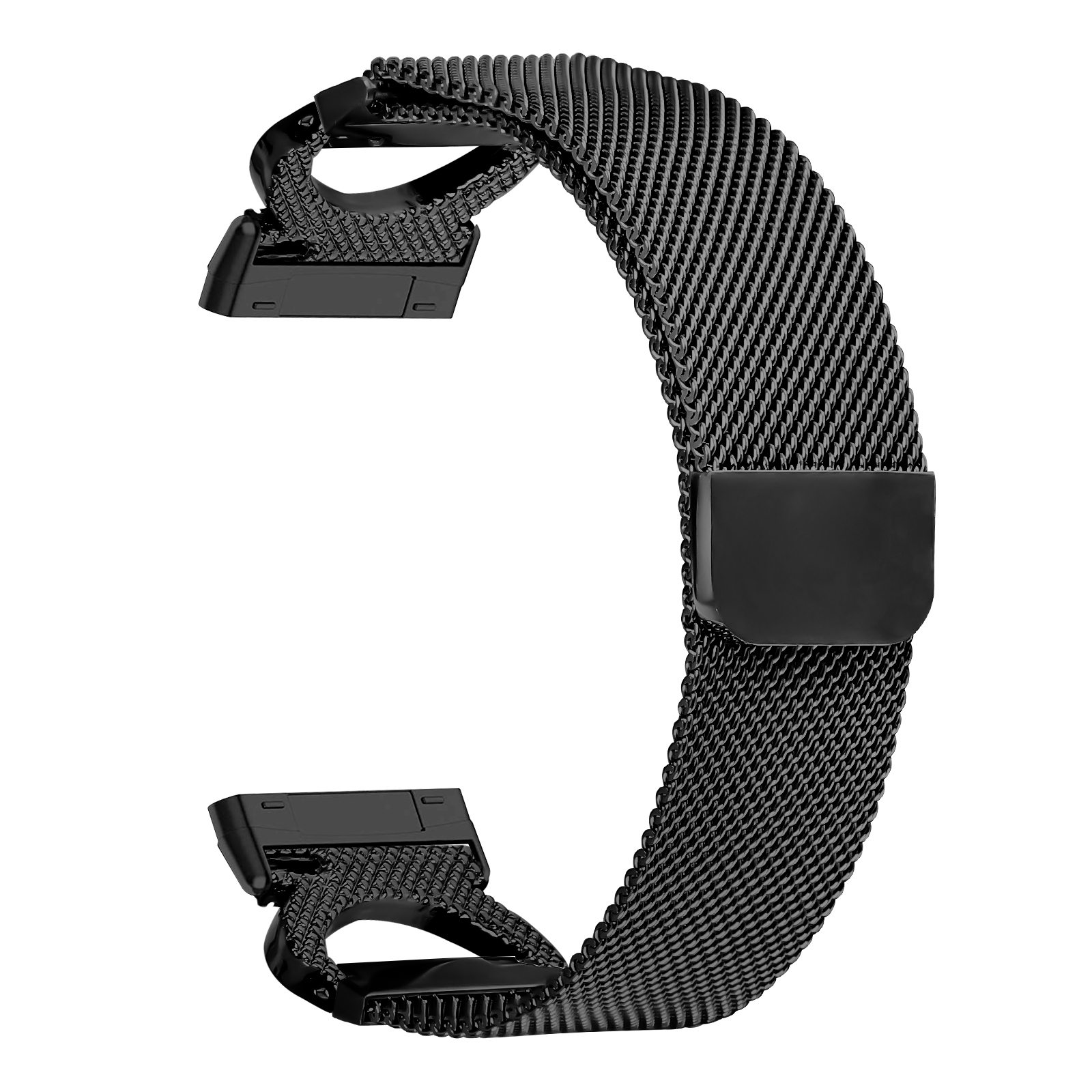 Cinturino per orologio in rete di acciaio inossidabile nero con chiusura magnetica, su sfondo bianco.