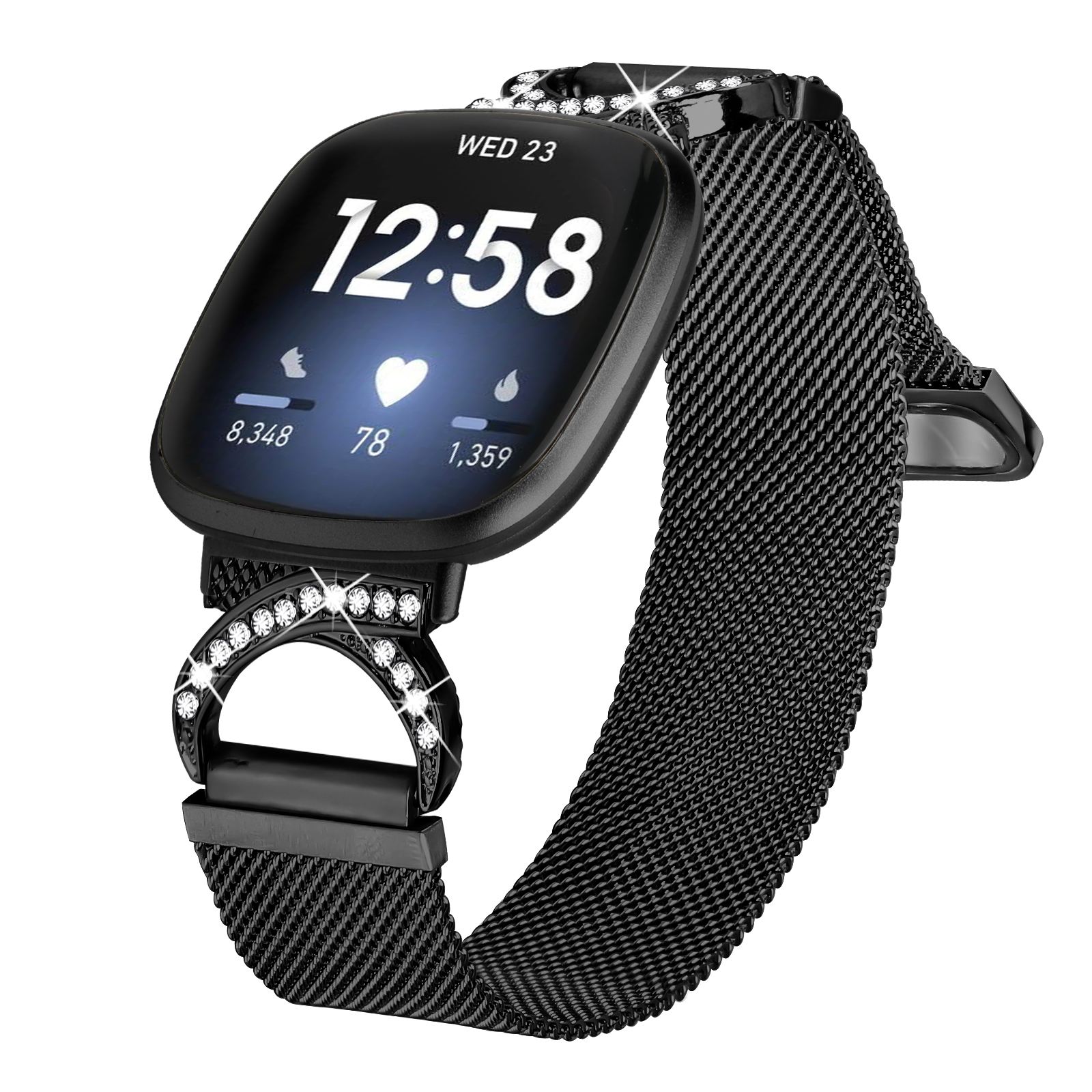Smartwatch nero con cinturino a maglia metallica nera, con chiusura tempestata di cristalli, su sfondo bianco.