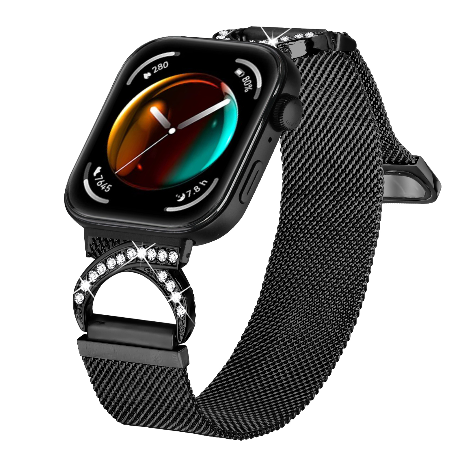 Eine schwarze Smartwatch mit schwarzem Armband, mit Diamanten hervorgehoben. Die Uhr zeigt die Zeit an.