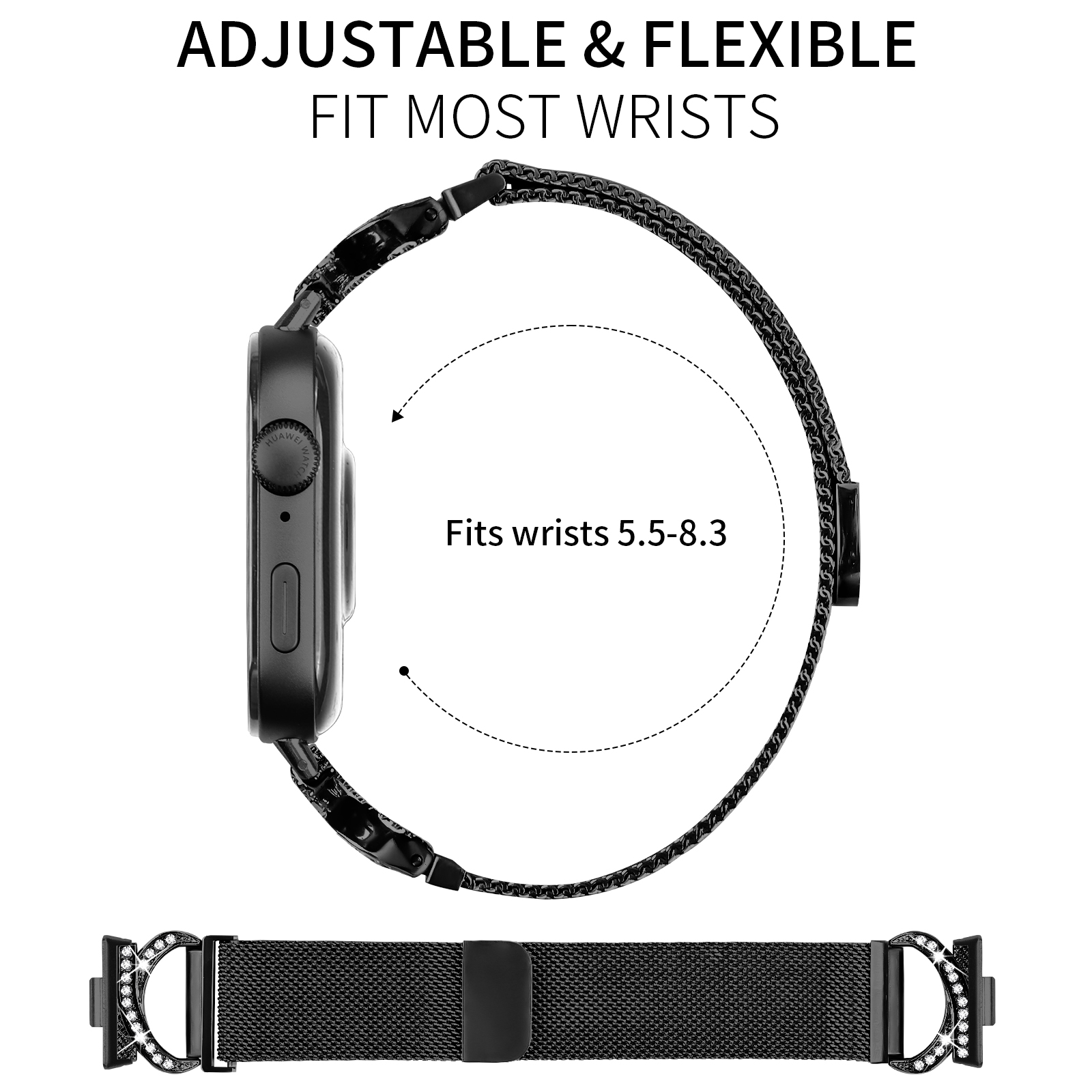 Schwarzes Uhrenarmband mit Uhr. Text: Verstellbar & Flexibel, Passt für die meisten Handgelenke. Für Handgelenke 5,5-8,3.