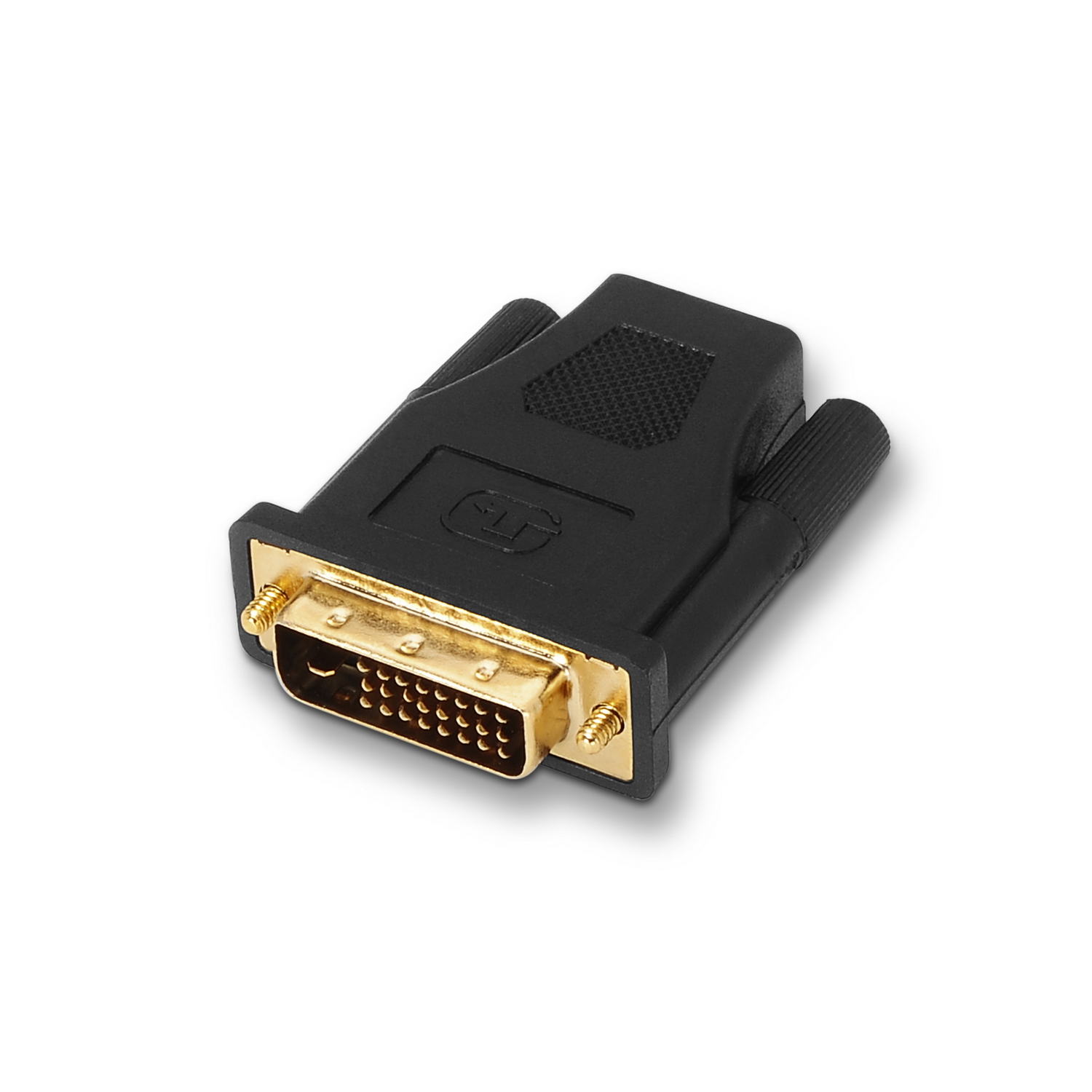 Adaptador DVI negro con conectores dorados. Fondo blanco.