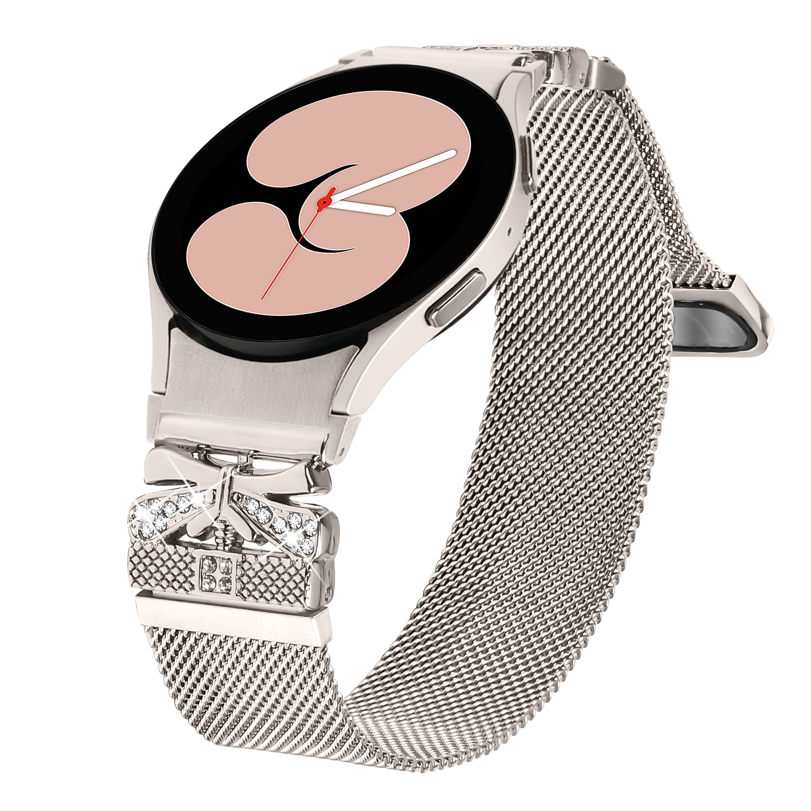 Silberne Uhr mit elegantem Metallband mit Kristallen, auf weißem Hintergrund.