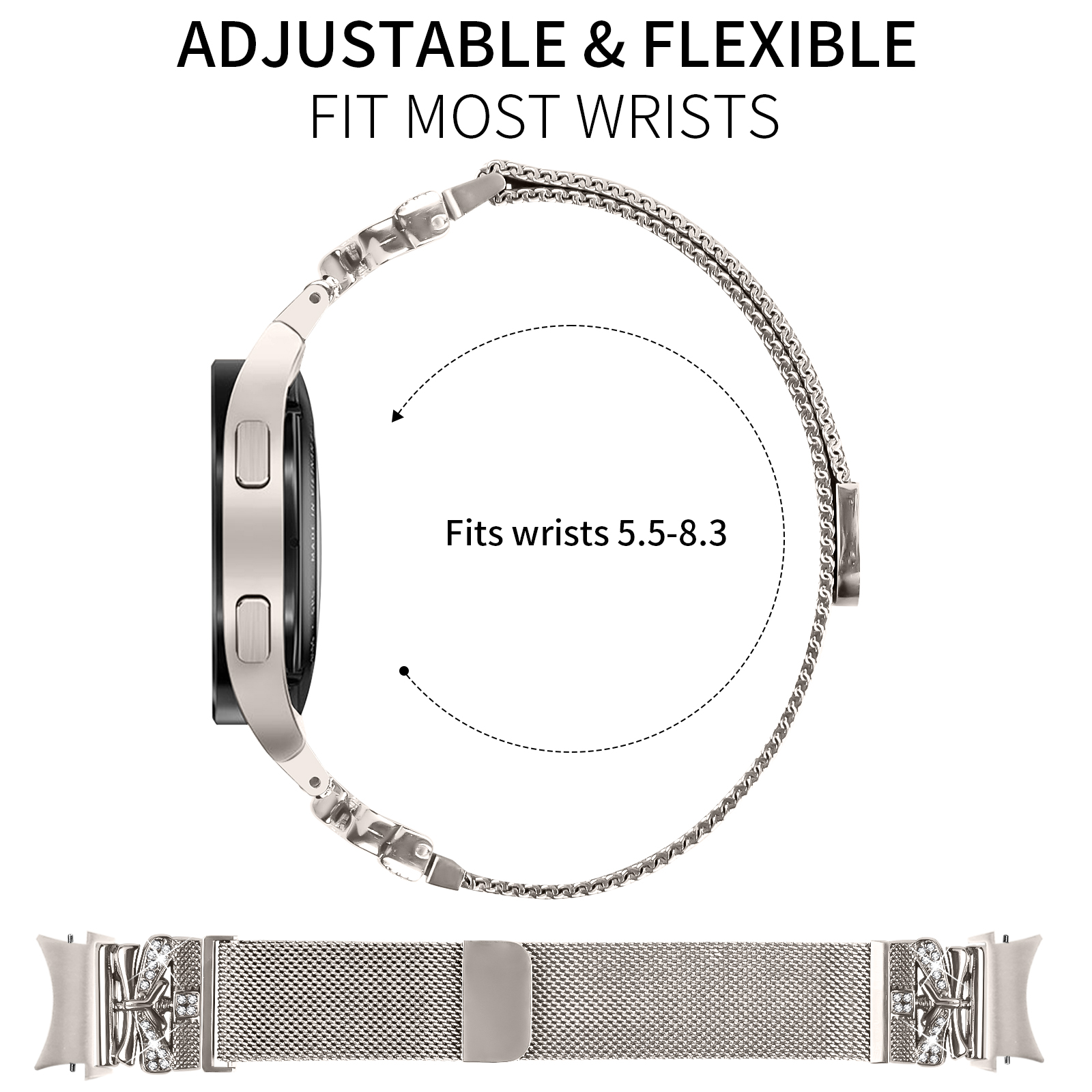 Ein Armband für eine Smartwatch. Es ist ein silbernes Mesh-Armband mit verstellbarem Verschluss.