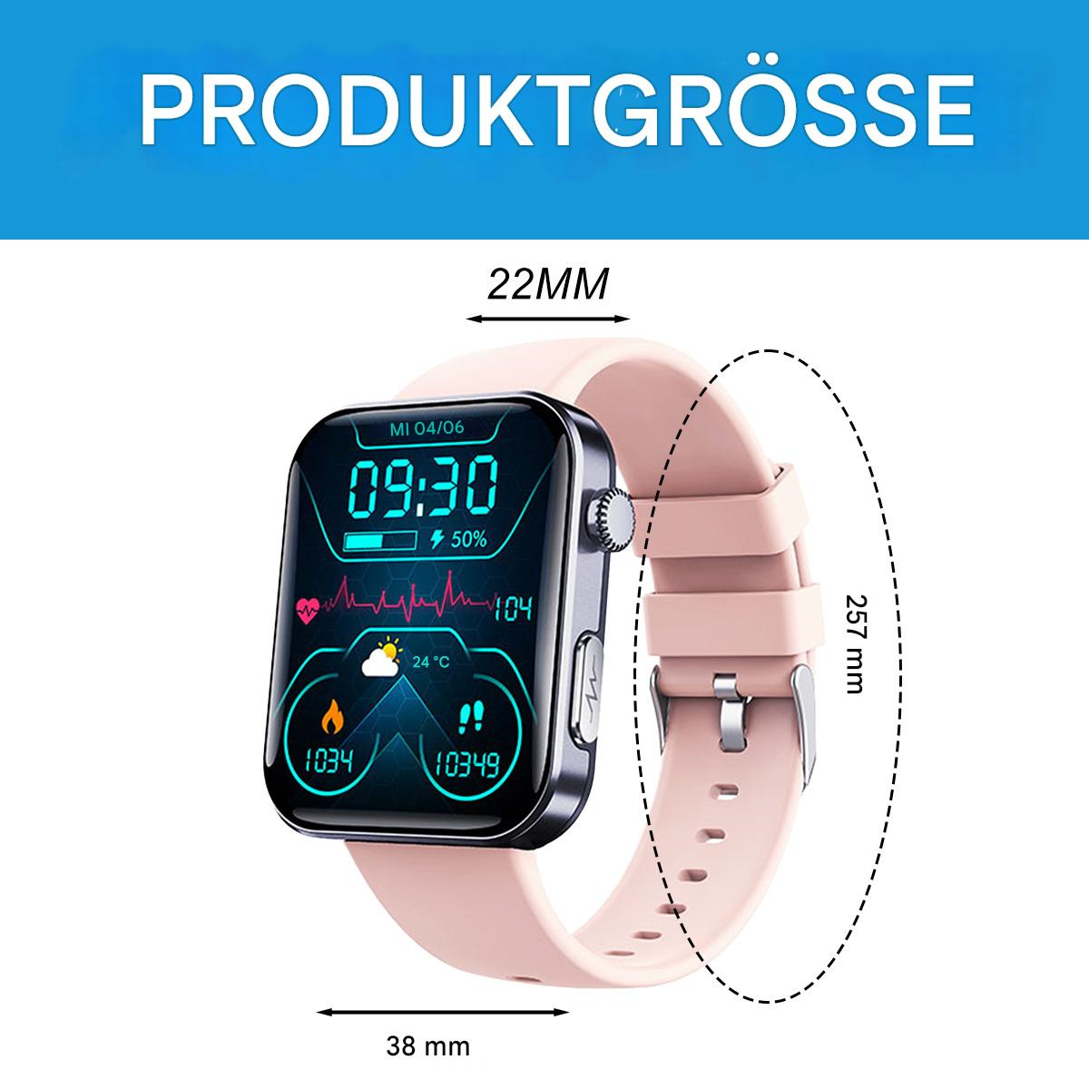 Smartwatch mit pinkfarbenem Armband. Das Zifferblatt zeigt Zeit, Akku, Herzfrequenz und Wetter an.