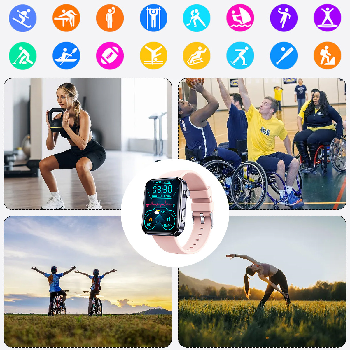 Leute, die Aktivitäten ausüben. Fitness, Sport und Radfahren. Eine Smartwatch ist sichtbar.