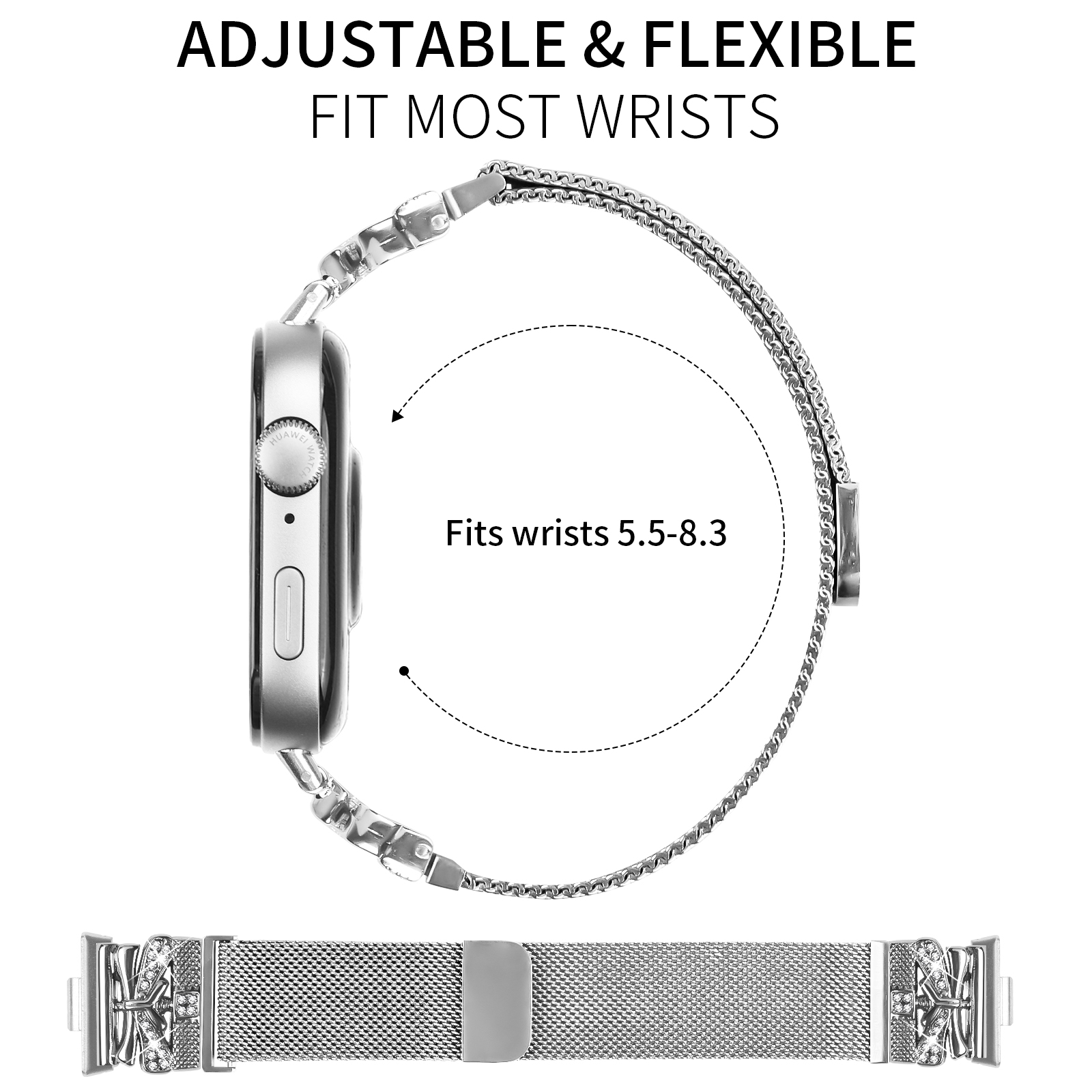 Ein silbernes Uhrenarmband mit Zifferblatt. Das Armband ist verstellbar und passt für Handgelenke 5,5-8,3 Zoll.