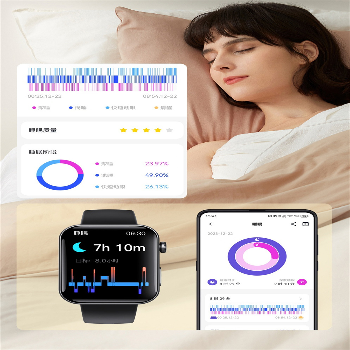 Schlafende Frau, Schlafdaten auf dem Bildschirm und Smartwatch mit Schlafdetails.
