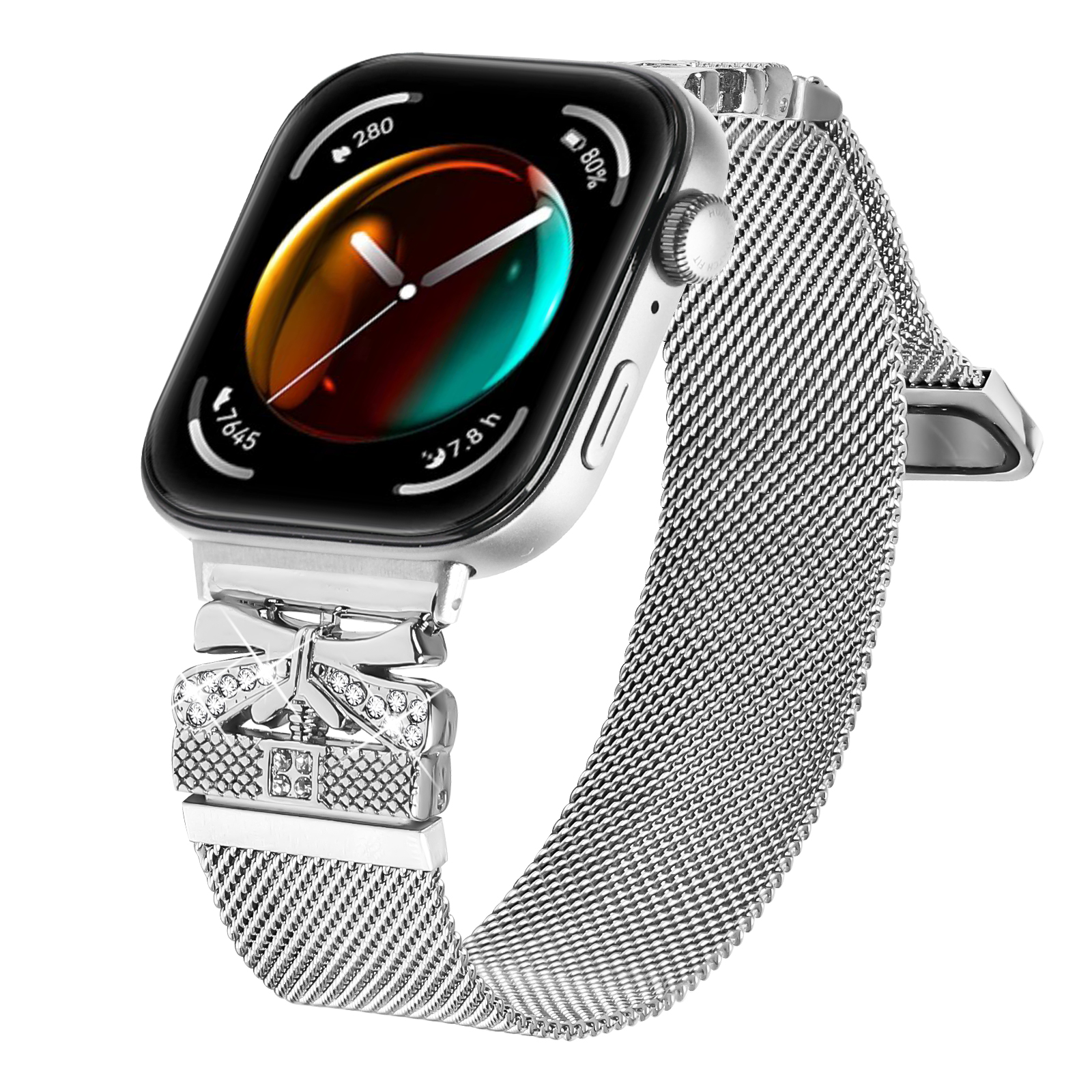 Silberne Smartwatch mit Mesh-Armband. Zifferblatt zeigt Daten an. Silberne Schnallen-Details.