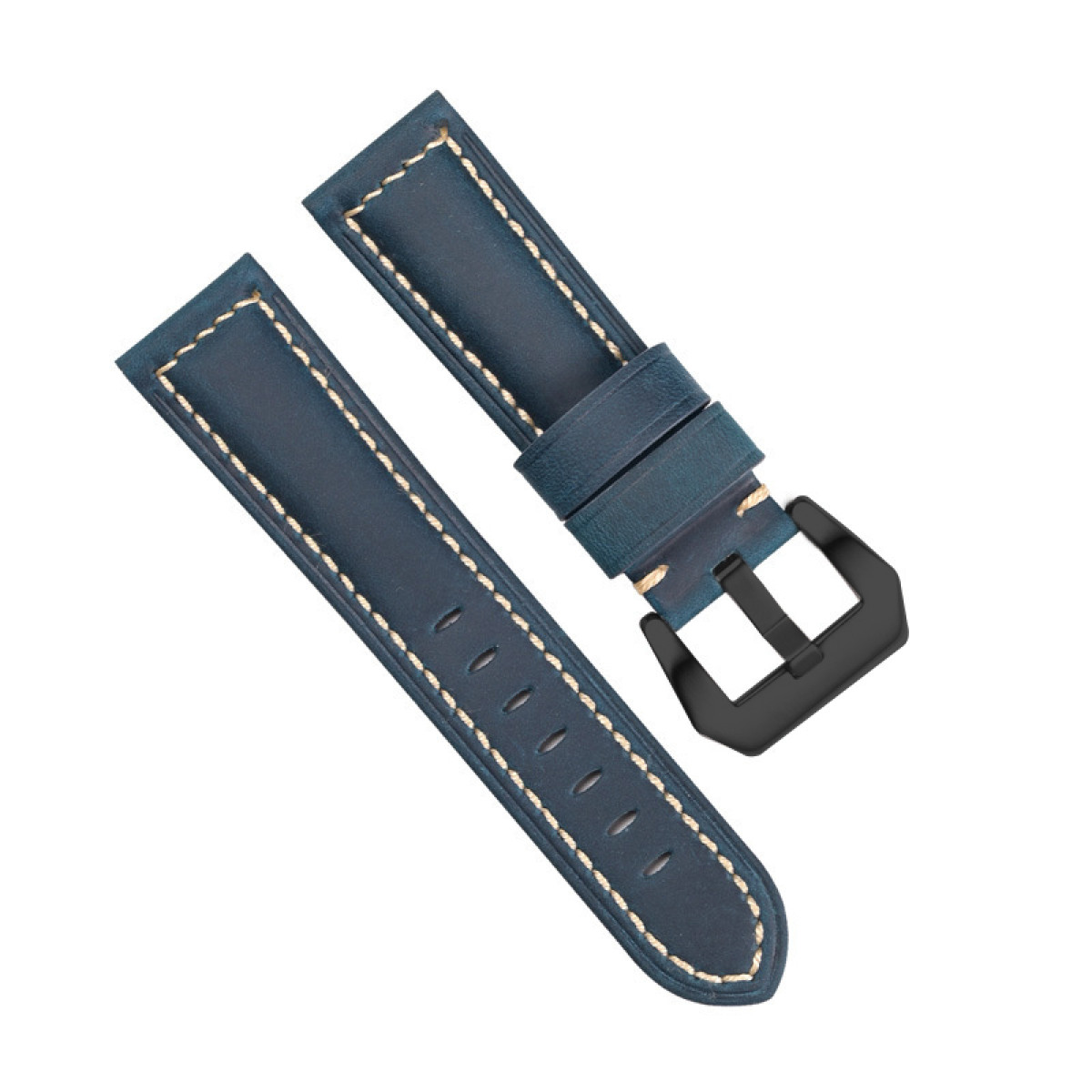 Cinturino blu in pelle con cuciture bianche e fibbia nera.