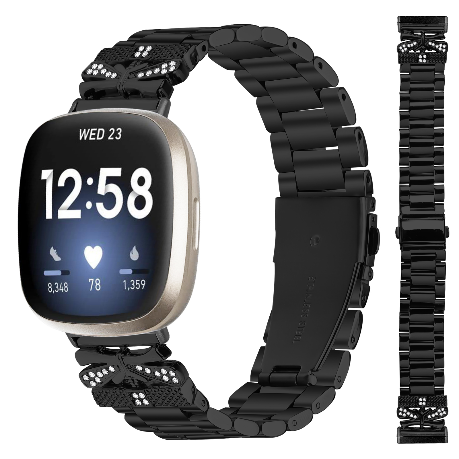 Cinturino nero con pietre decorative, collegato a uno smartwatch che mostra ora e dati sanitari.
