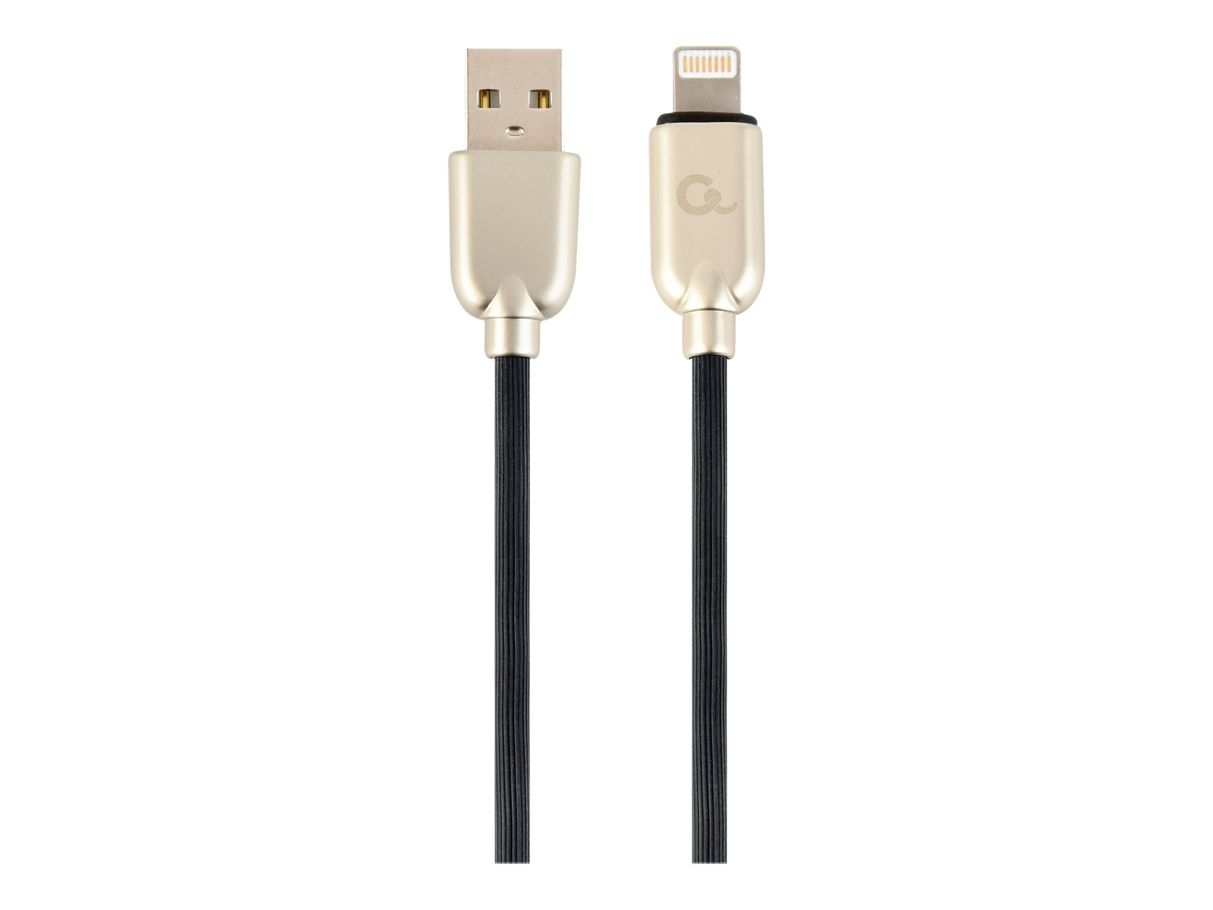 Cavo da USB a Lightning oro e nero. Connettori dorati. Cavo intrecciato nero. Sfondo bianco.