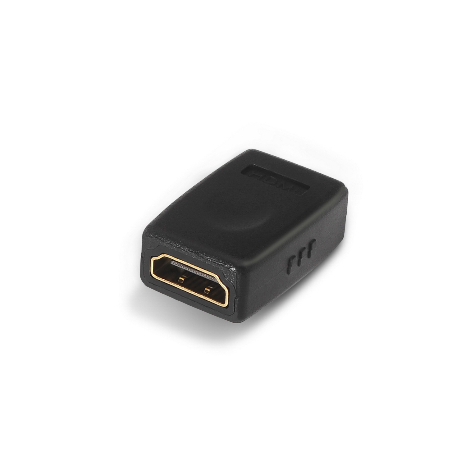 Adaptador HDMI negro con conector dorado. Fondo blanco.