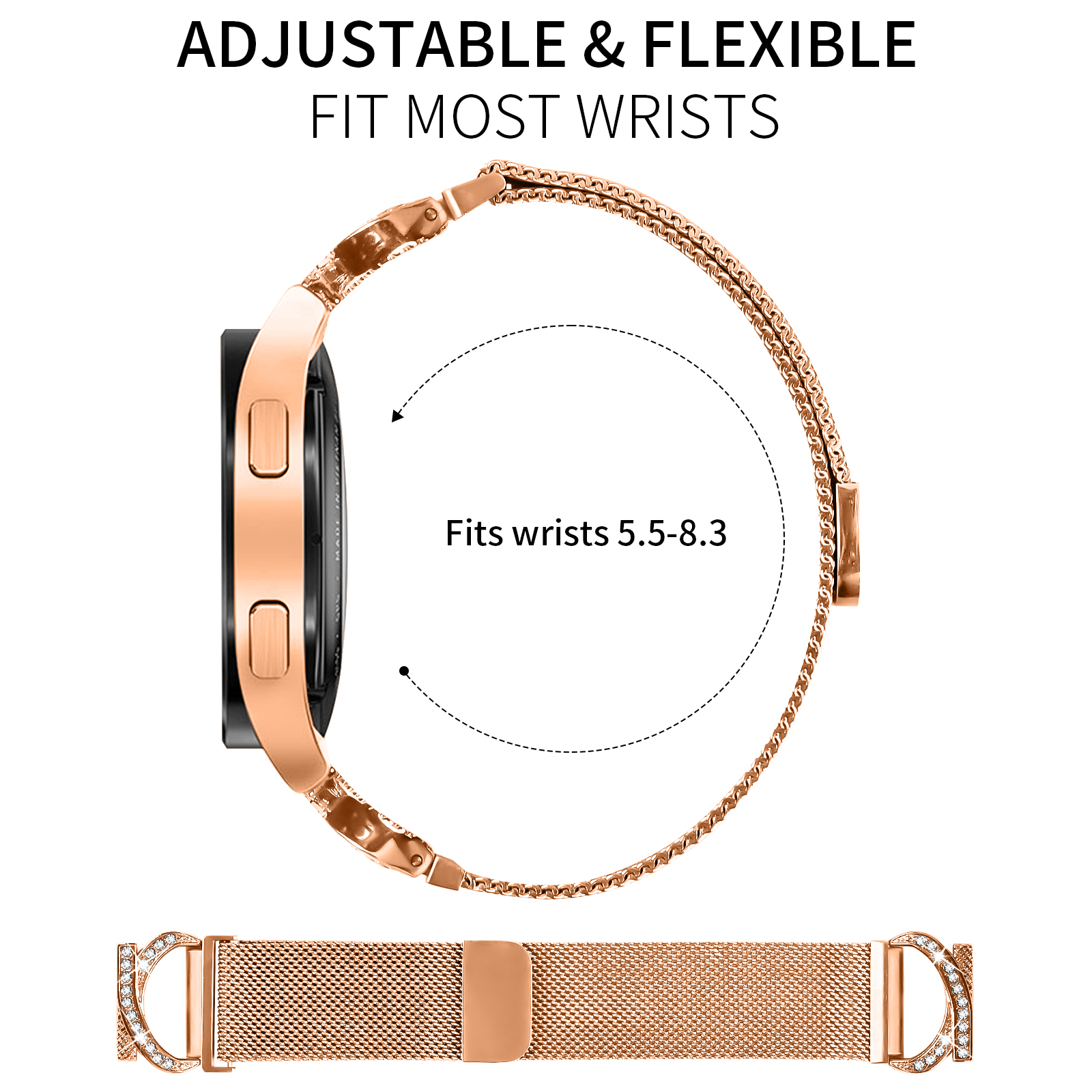 Cinturino e orologio in oro rosa. Testo: Regolabile e flessibile, si adatta a polsi 5.5-8.3.
