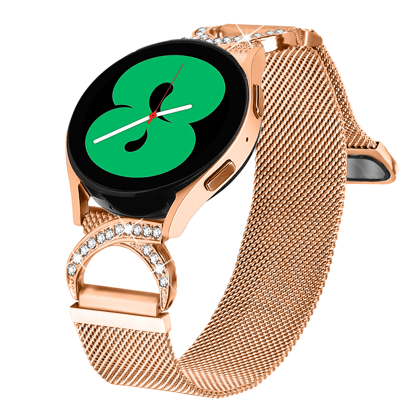 Smartwatch oro rosa con display verde che mostra il numero 8. Anche il cinturino è oro rosa con strass.