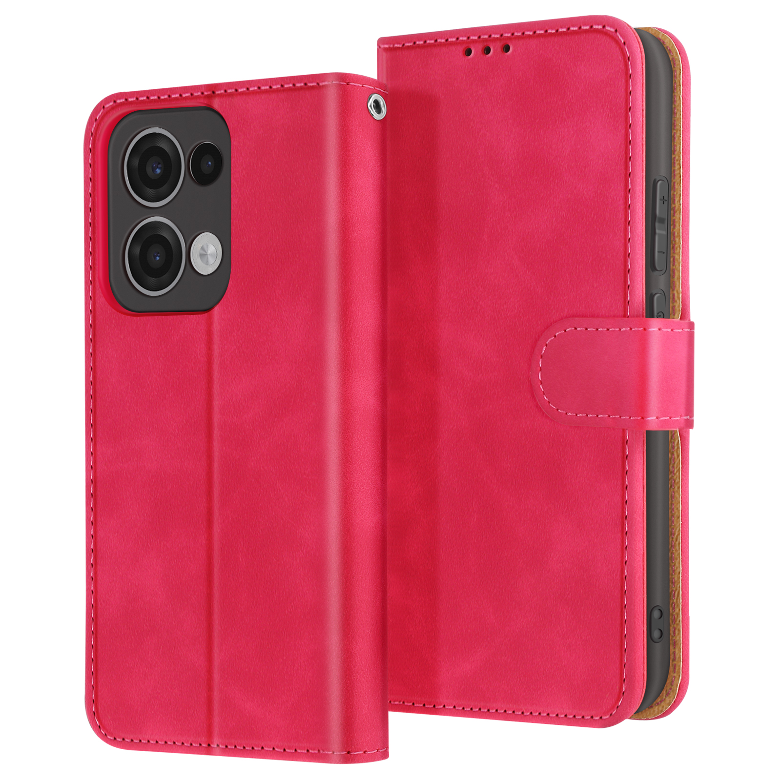 Una custodia per telefono rosa, aperta per rivelare un telefono con fotocamere e pulsanti. Ha una chiusura magnetica.