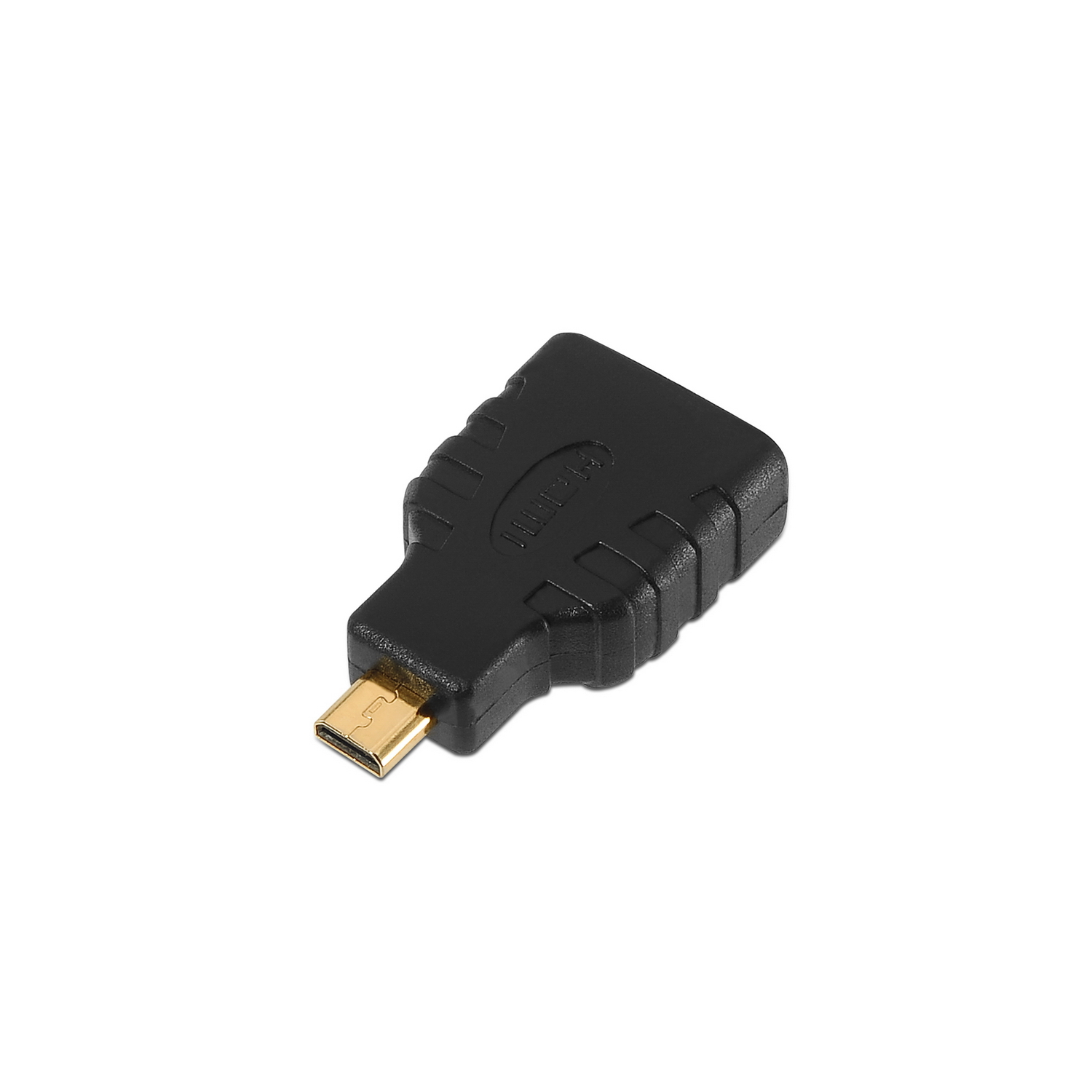 Adaptador Micro-HDMI negro con conector dorado. Fondo blanco.