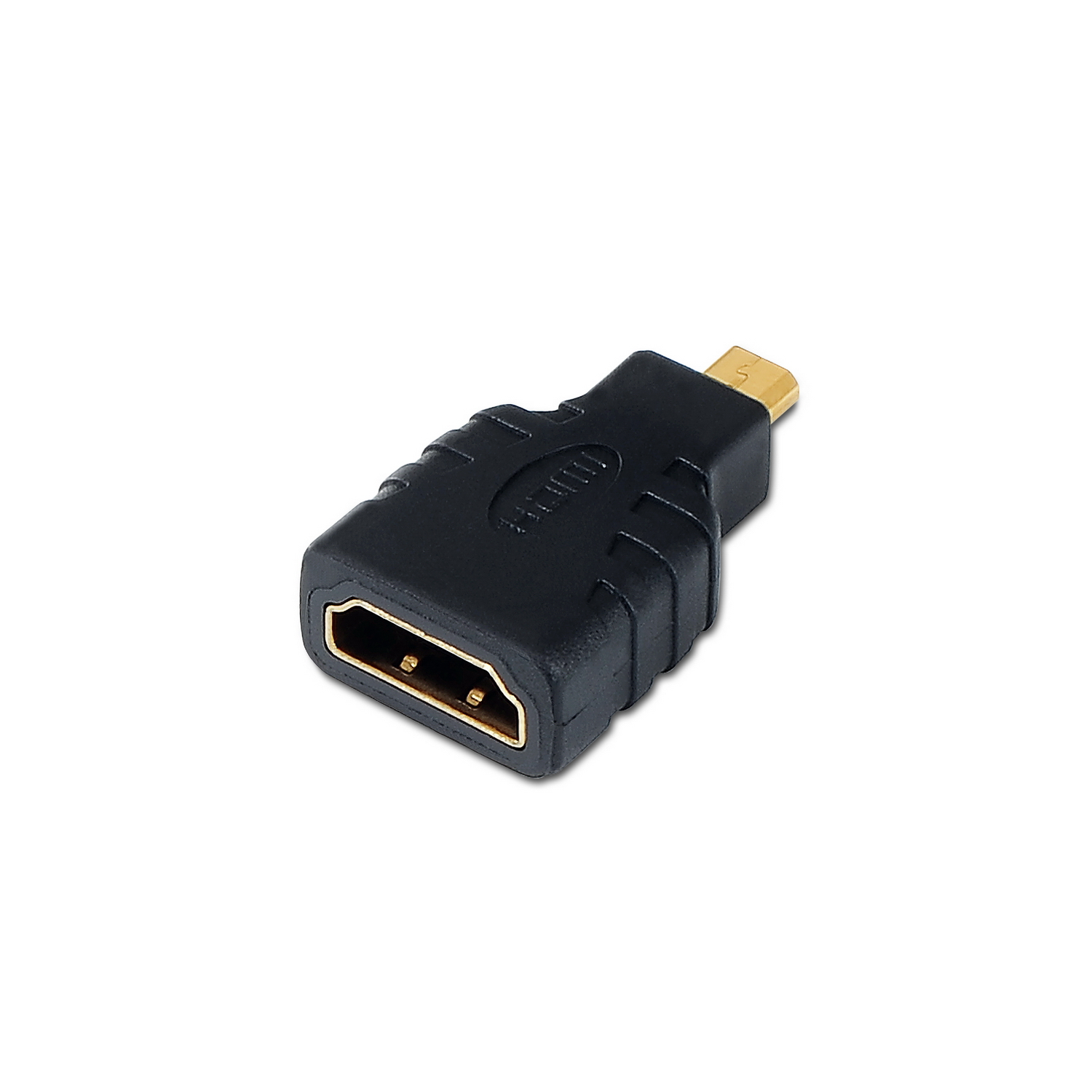 Adaptador HDMI a Micro-HDMI negro. Conectores dorados. Fondo blanco.