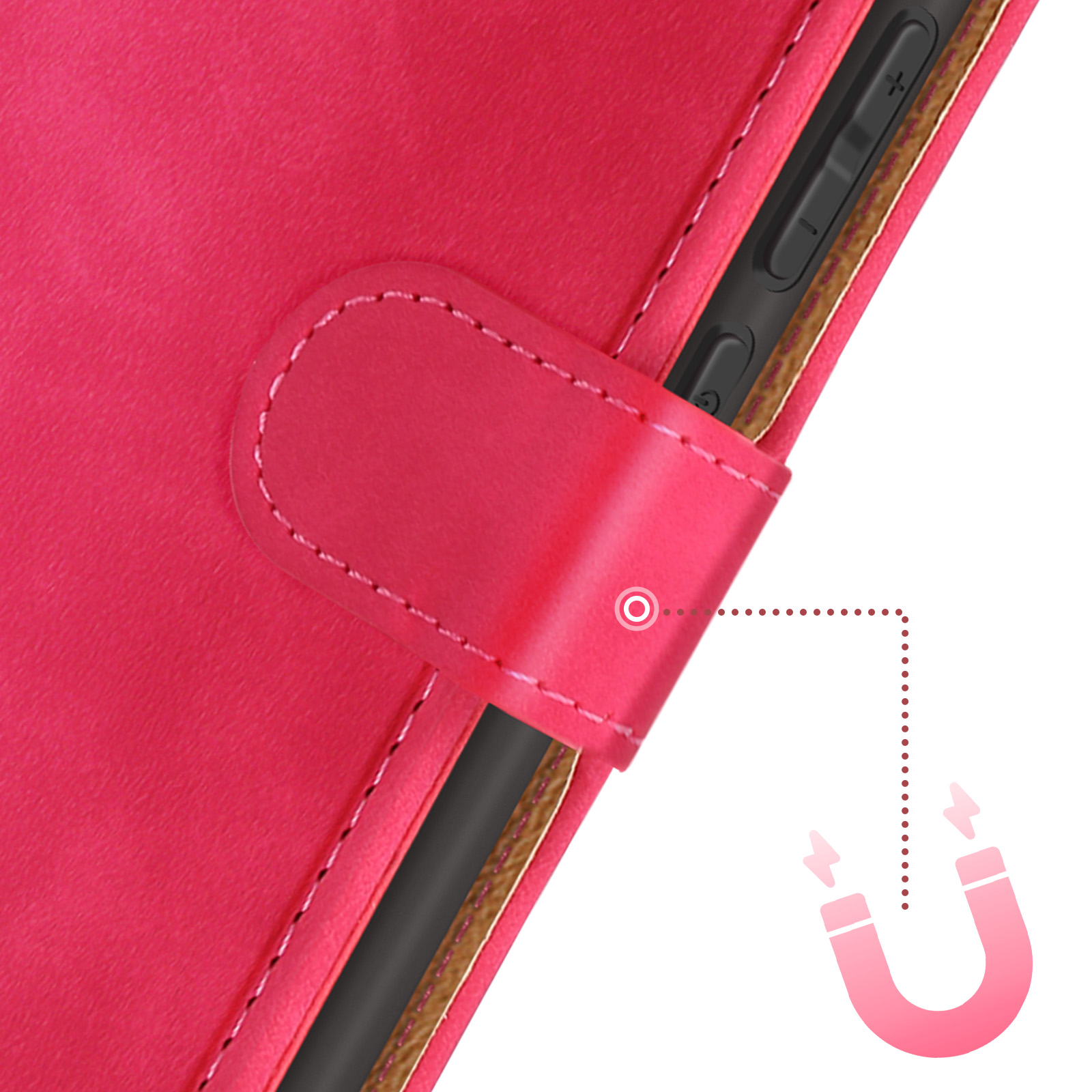 Primo piano di una custodia per telefono rosa con chiusura magnetica, un telefono è parzialmente visibile.
