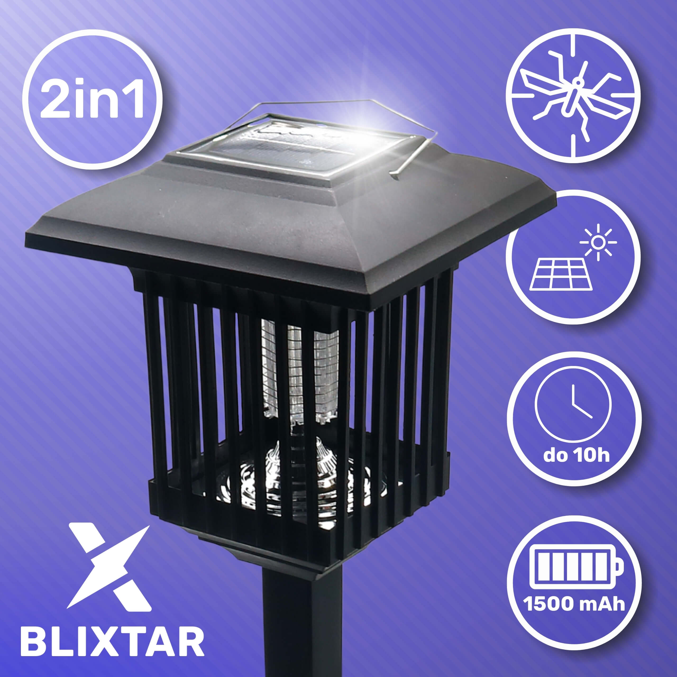 Czarna pułapka na komary z panelem słonecznym i ikonami komara, słońca, baterii i czasu.