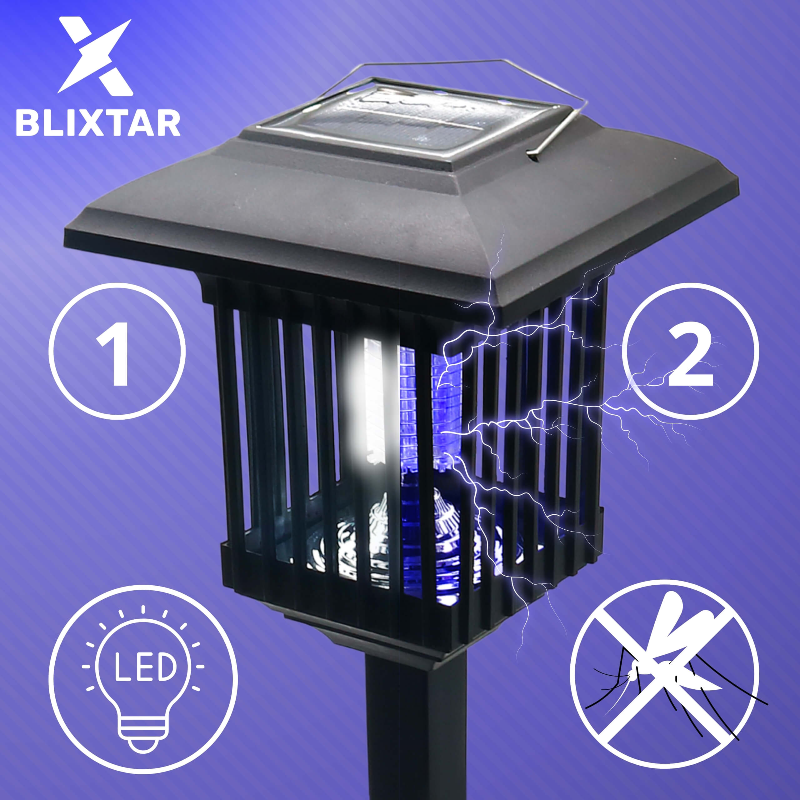 Czarna pułapka na komary z niebieskim światłem i ikonami LED, komara, błyskawicy i numerów.