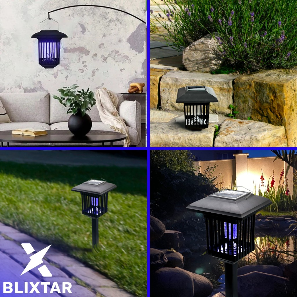 Kolekcja lamp owadobójczych w różnych ustawieniach zewnętrznych, w tym wisząca i trawnik.