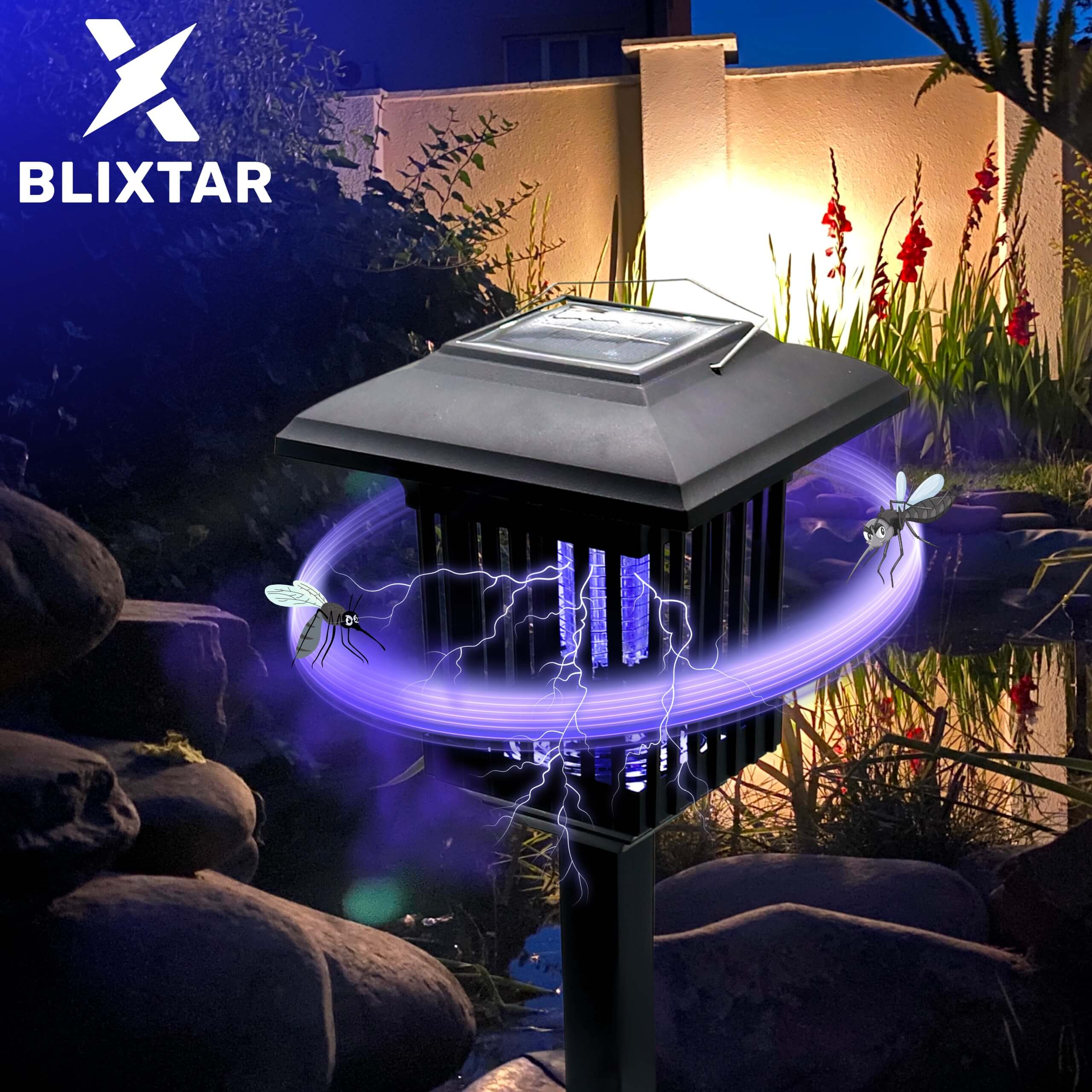 Pułapka na komary zasilana energią słoneczną w nocy. Niebieskie światło wokół pułapki. Dwa owady latające.