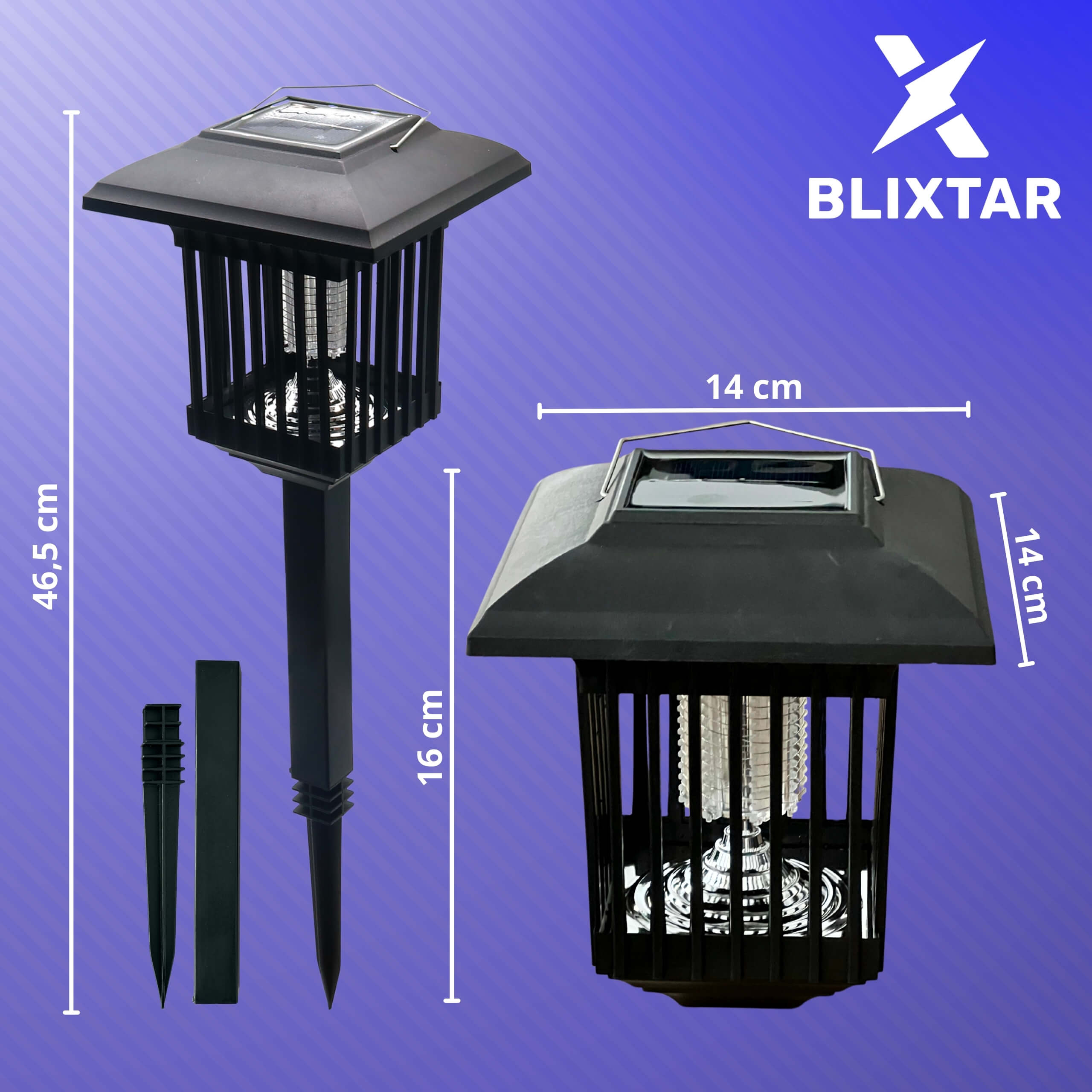 Dwa czarne zappery na owady zasilane energią słoneczną z wymiarami, z marką „BLIXTAR”.