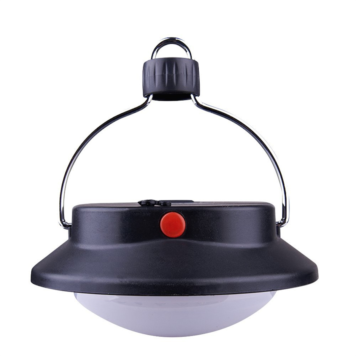 Eine schwarze Laterne mit Griff. Sie hat einen roten Knopf und eine weiße Lichtaustrittsfläche.
