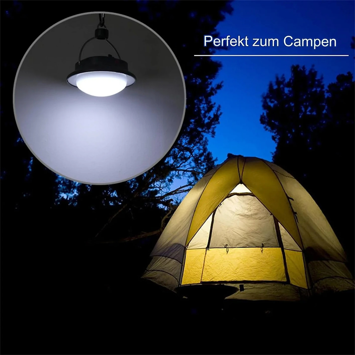 Eine leuchtende Campinglaterne in einem dunklen Zelt bei Nacht, mit heller, kreisförmiger Lichtquelle.