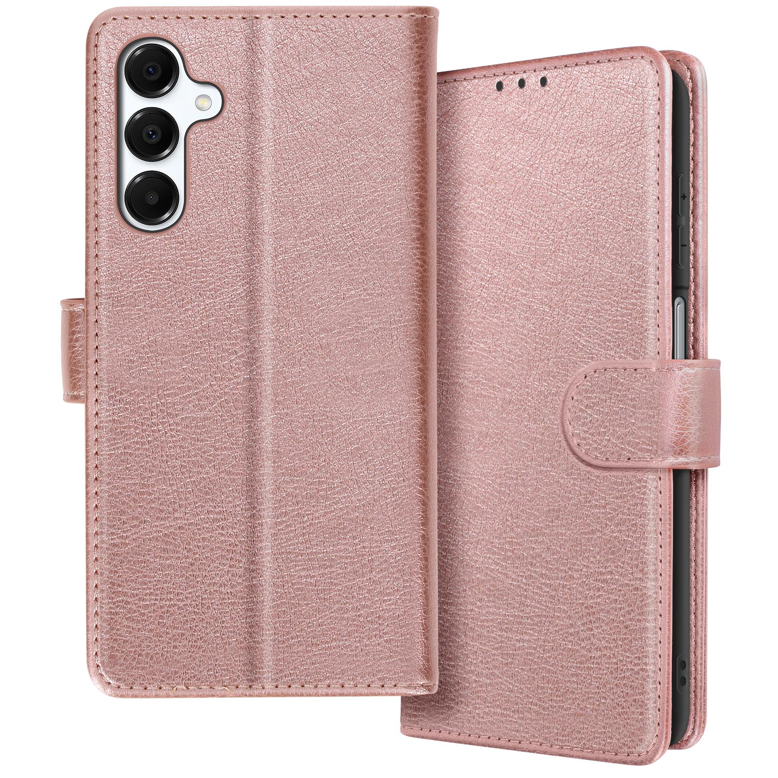 Custodia rosa per telefono con coperchio chiuso. Il retro ha tre fotocamere. Sfondo bianco.